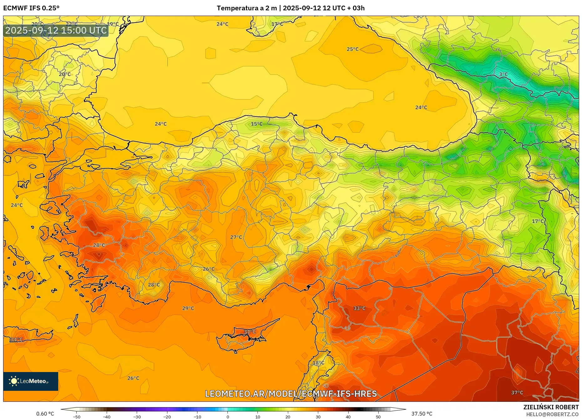 ECMWF IFS 0.25° model - Turquía, Temperatura a 2 m