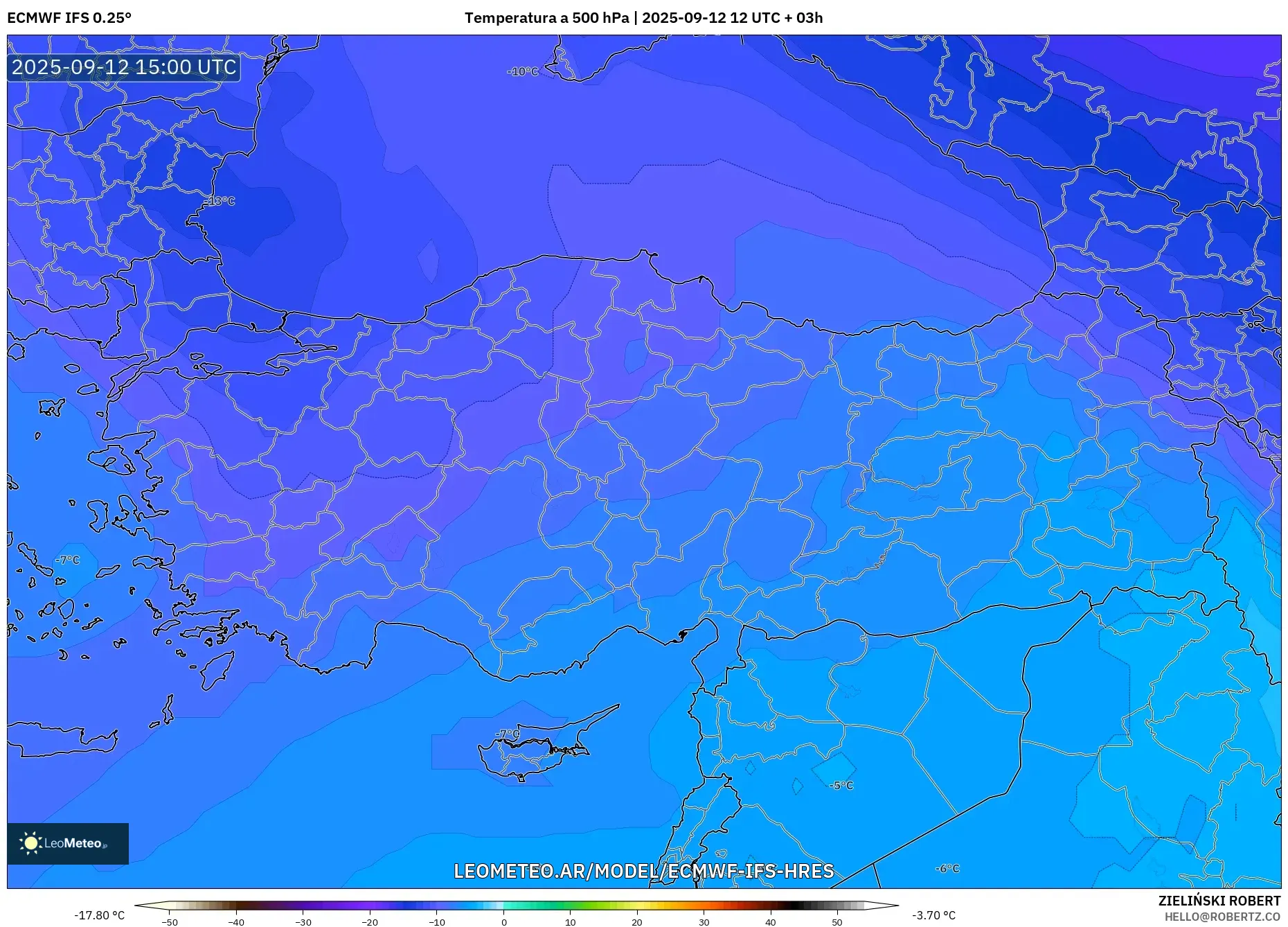 ECMWF IFS 0.25° model - Turquía, Temperatura a 500 hPa ECMWF IFS 0.25° model - Turquía, Temperatura a 500 hPa