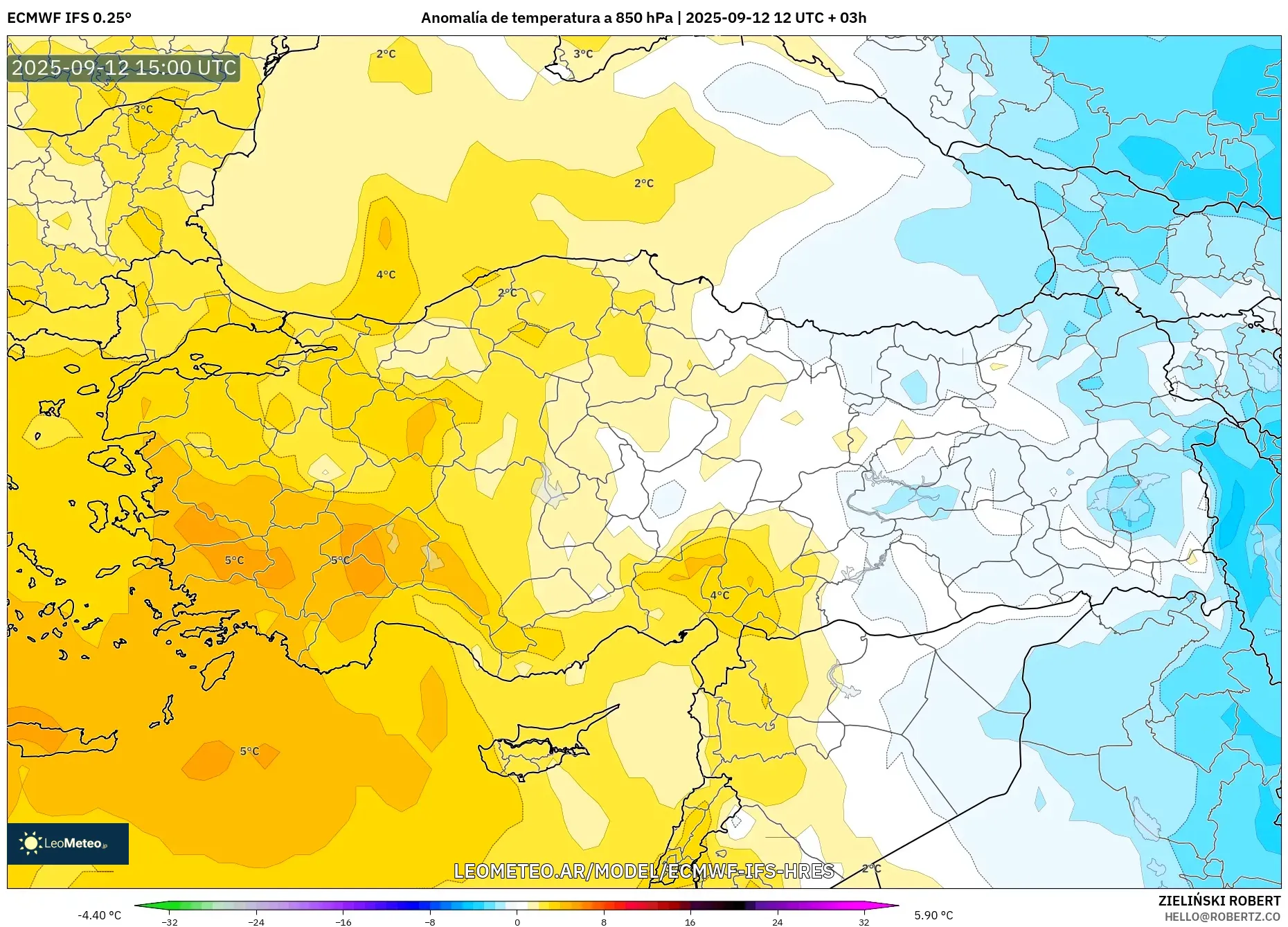 ECMWF IFS 0.25° model - Turquía, Anomalía de temperatura a 850 hPa