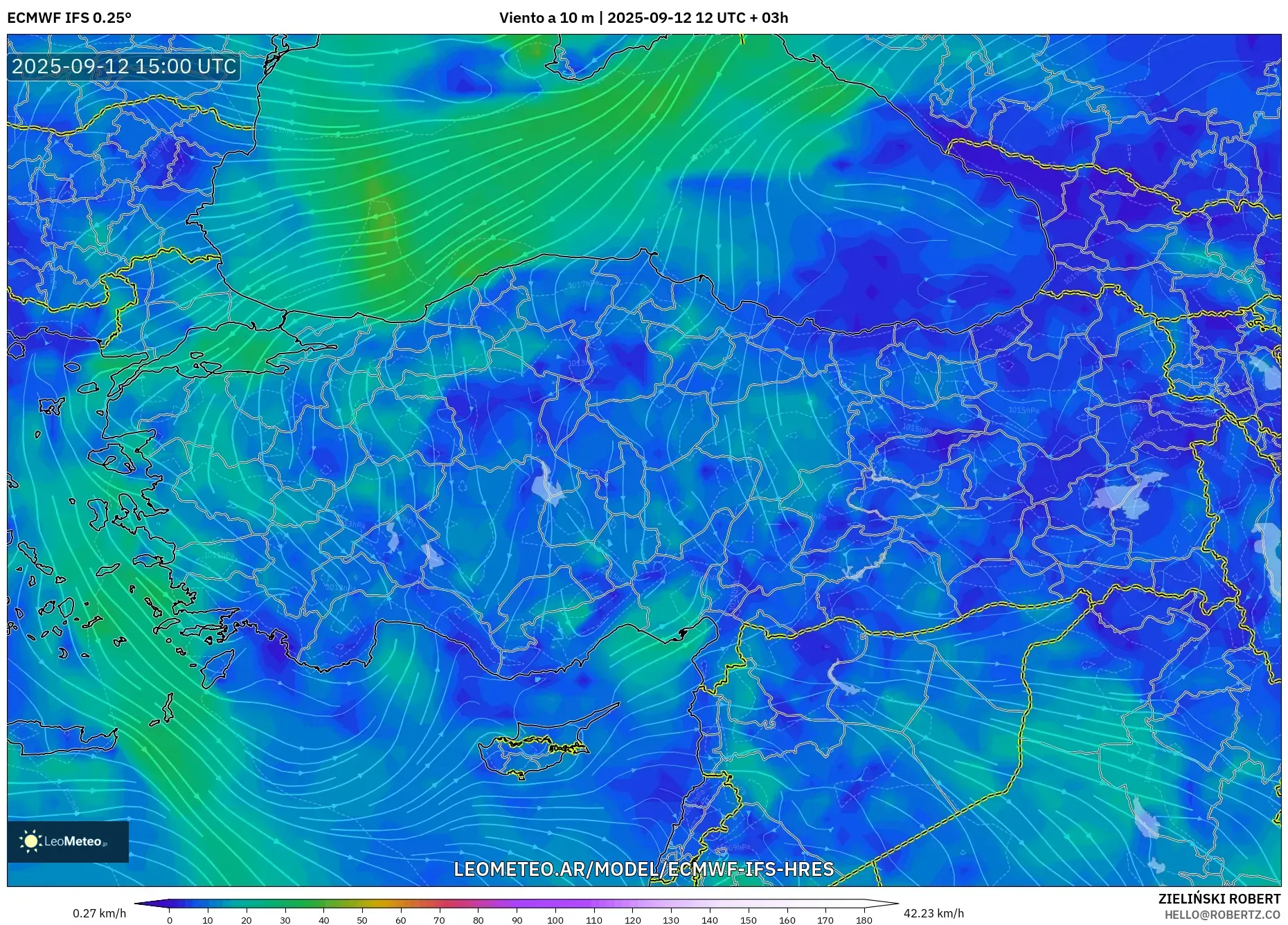 ECMWF IFS 0.25° model - Turquía, Viento a 10 m ECMWF IFS 0.25° model - Turquía, Viento a 10 m