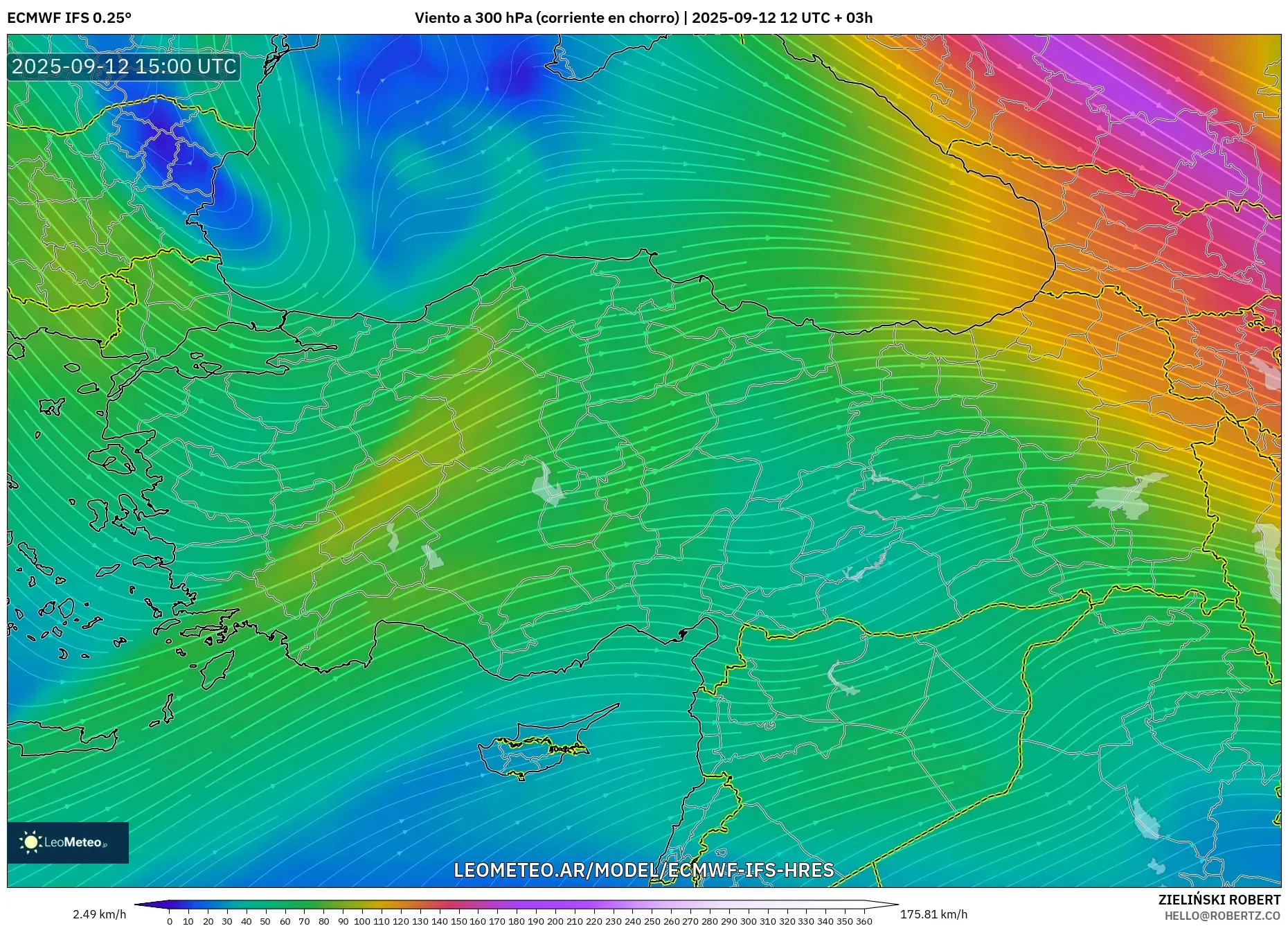ECMWF IFS 0.25° model - Turquía, Viento a 300 hPa (corriente en chorro) ECMWF IFS 0.25° model - Turquía, Viento a 300 hPa (corriente en chorro)