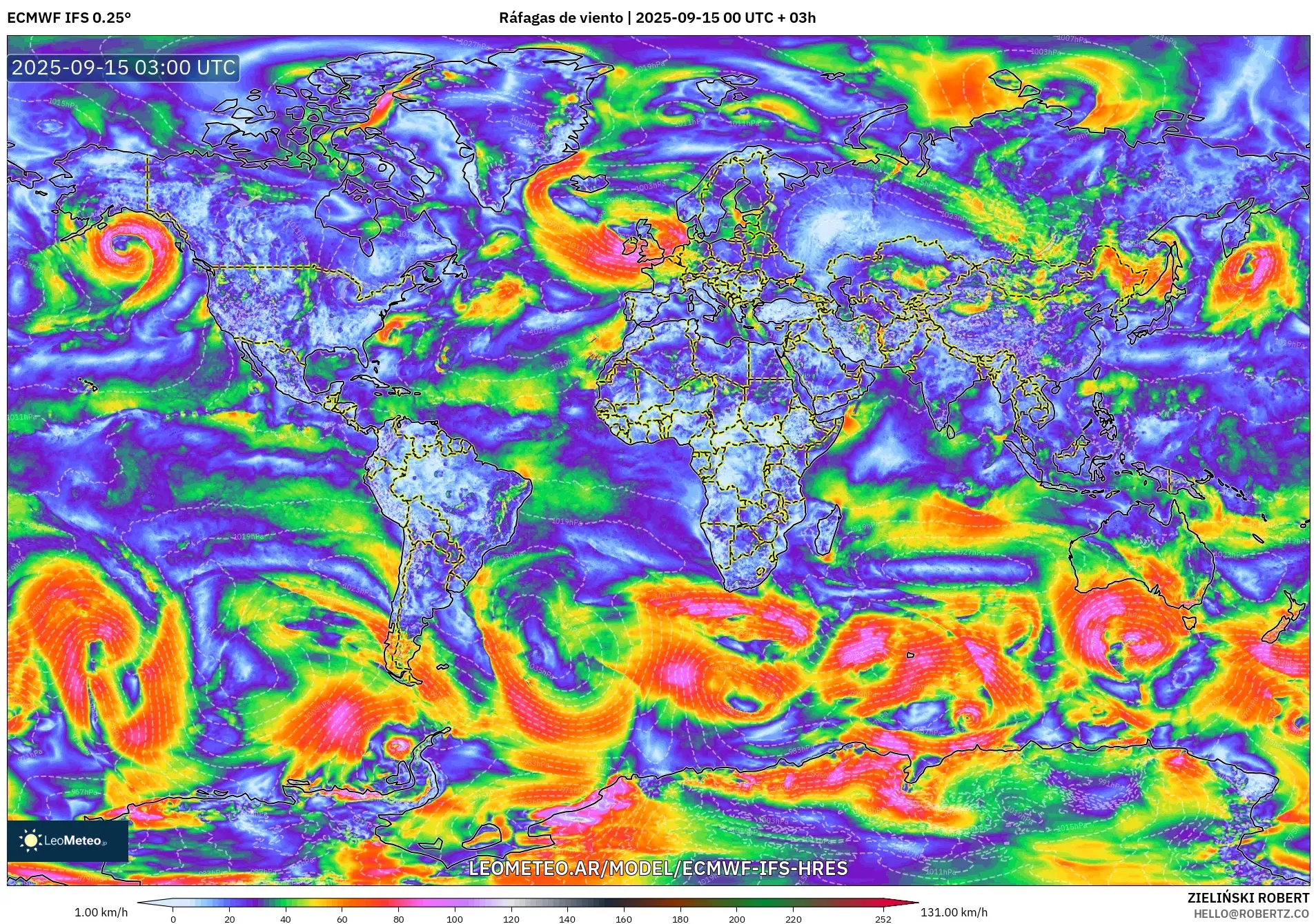 ECMWF IFS 0.25° model - Mundo, Ráfagas de viento