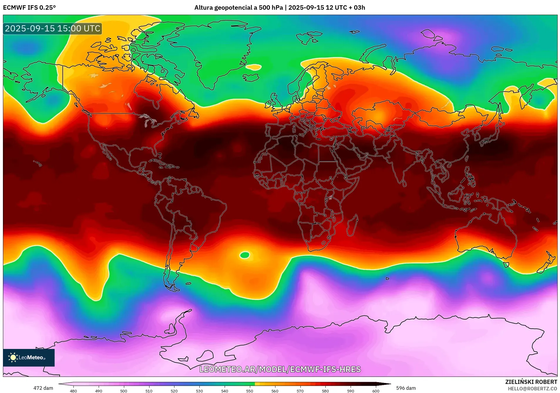 ECMWF IFS 0.25° model - Mundo, Altura geopotencial a 500 hPa
