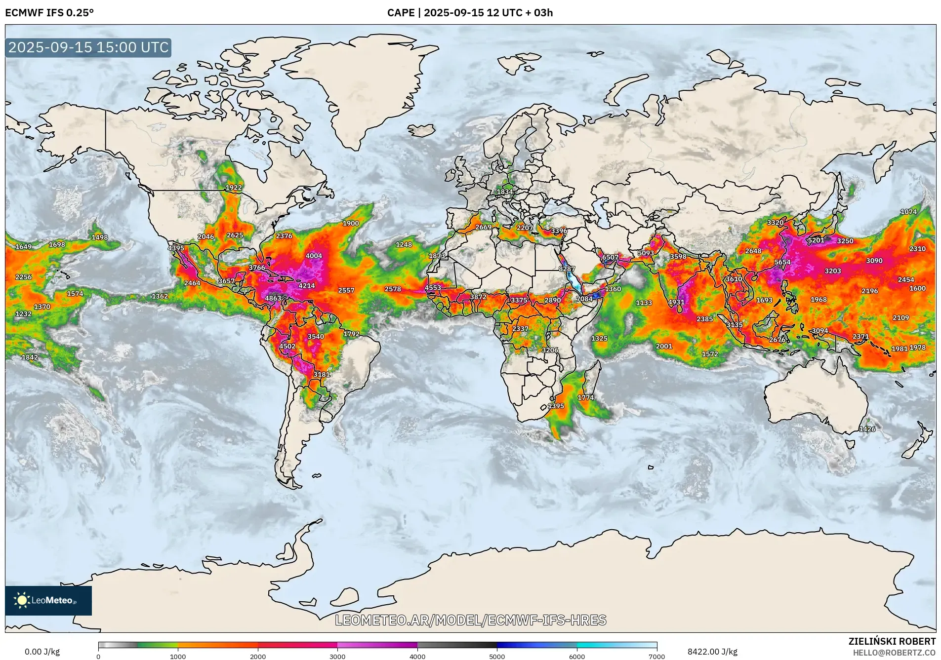 ECMWF IFS 0.25° model - Mundo, CAPE