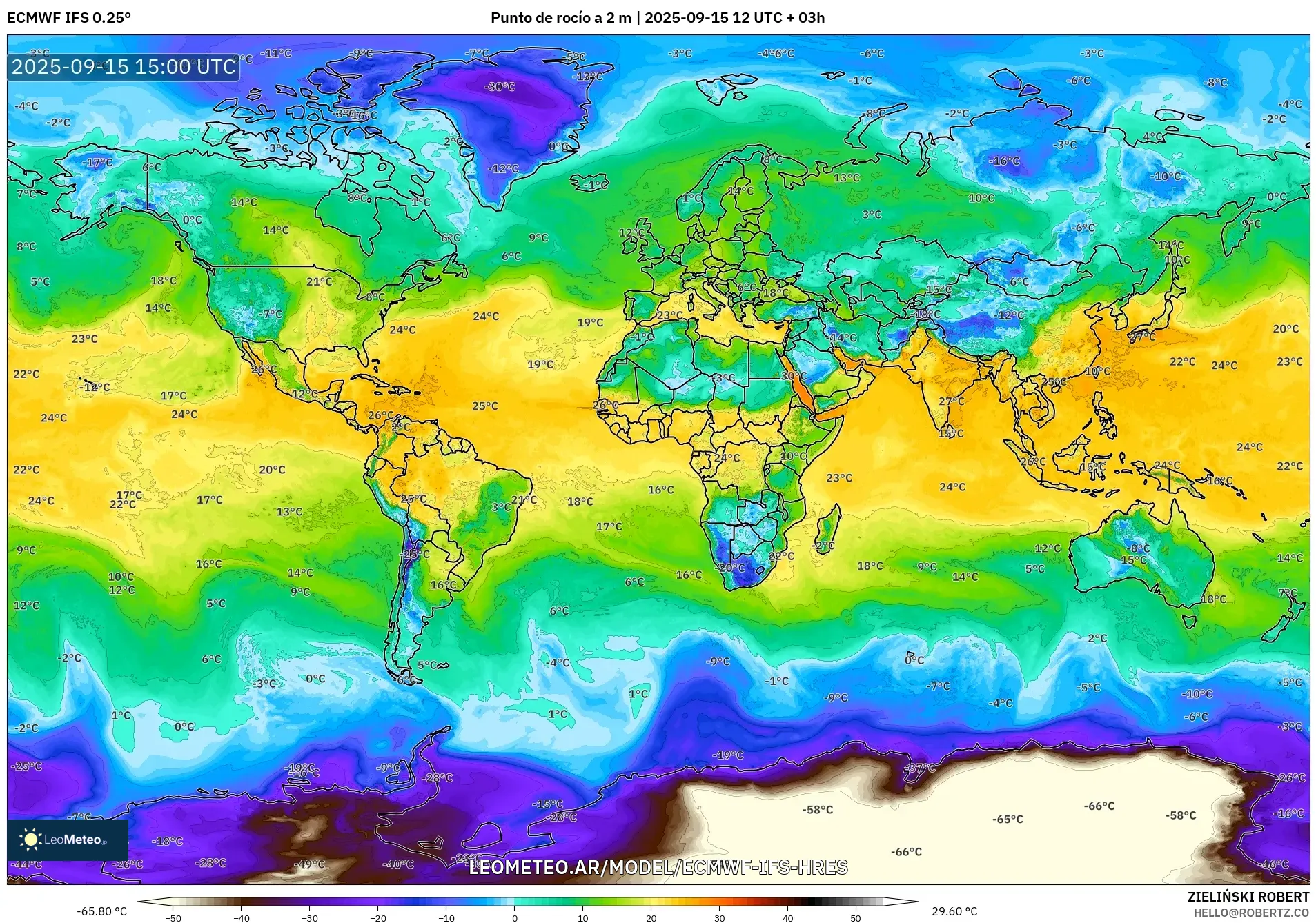 ECMWF IFS 0.25° model - Mundo, Punto de rocío a 2 m