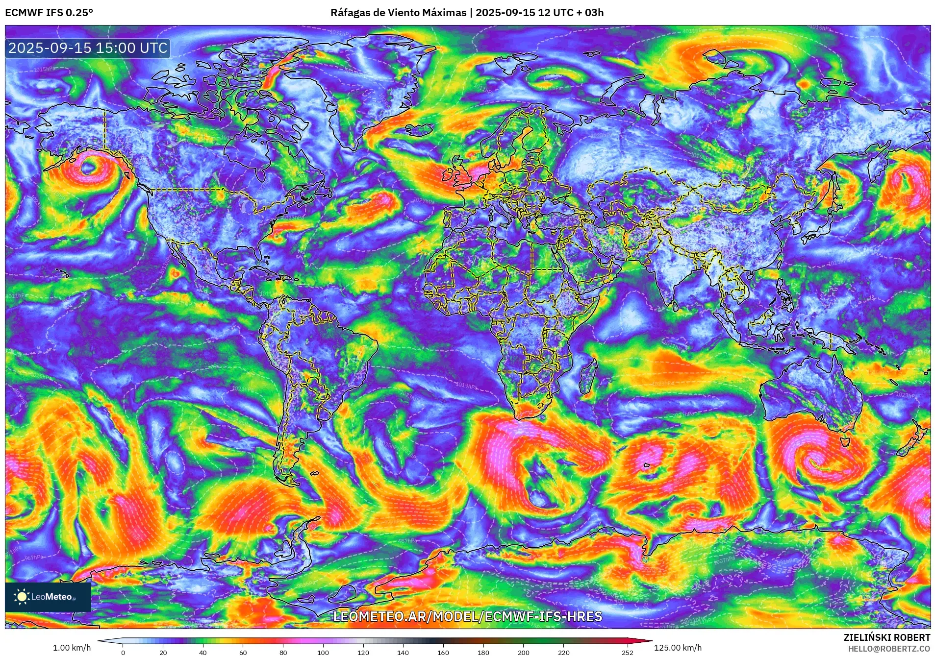 ECMWF IFS 0.25° model - Mundo, Ráfagas de Viento Máximas