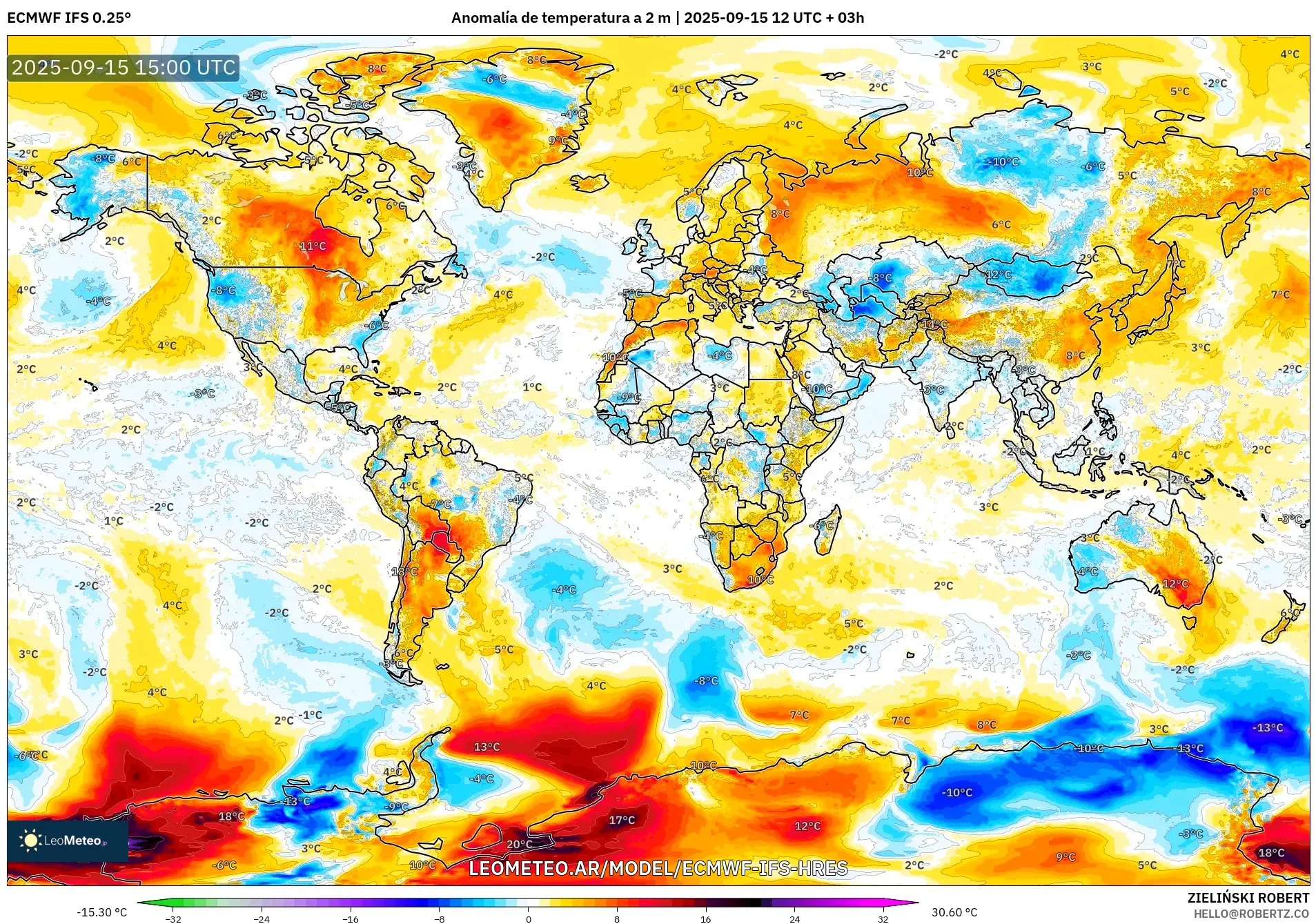 ECMWF IFS 0.25° model - Mundo, Anomalía de temperatura a 2 m