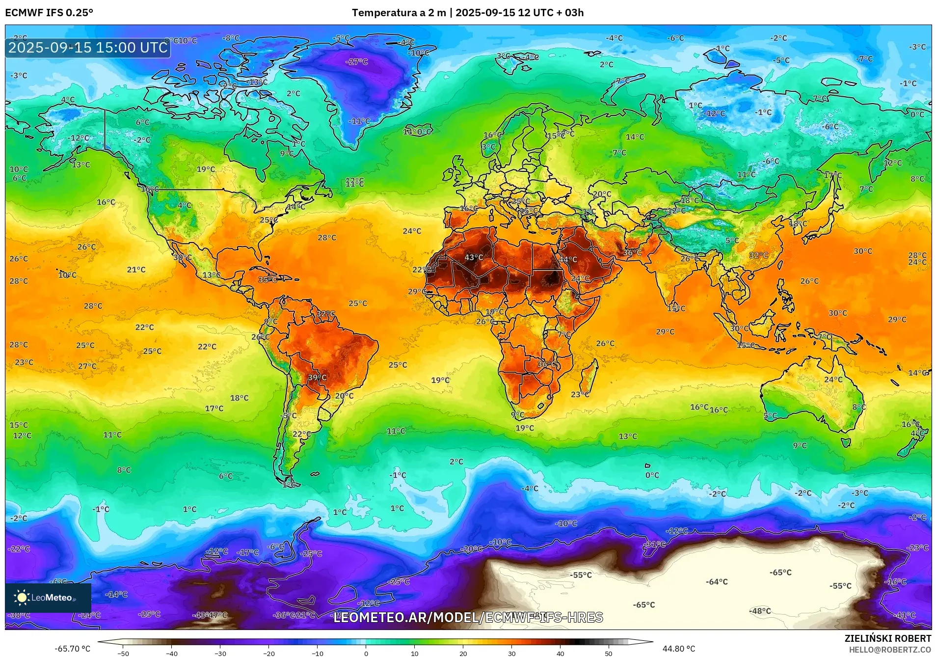 ECMWF IFS 0.25° model - Mundo, Temperatura a 2 m