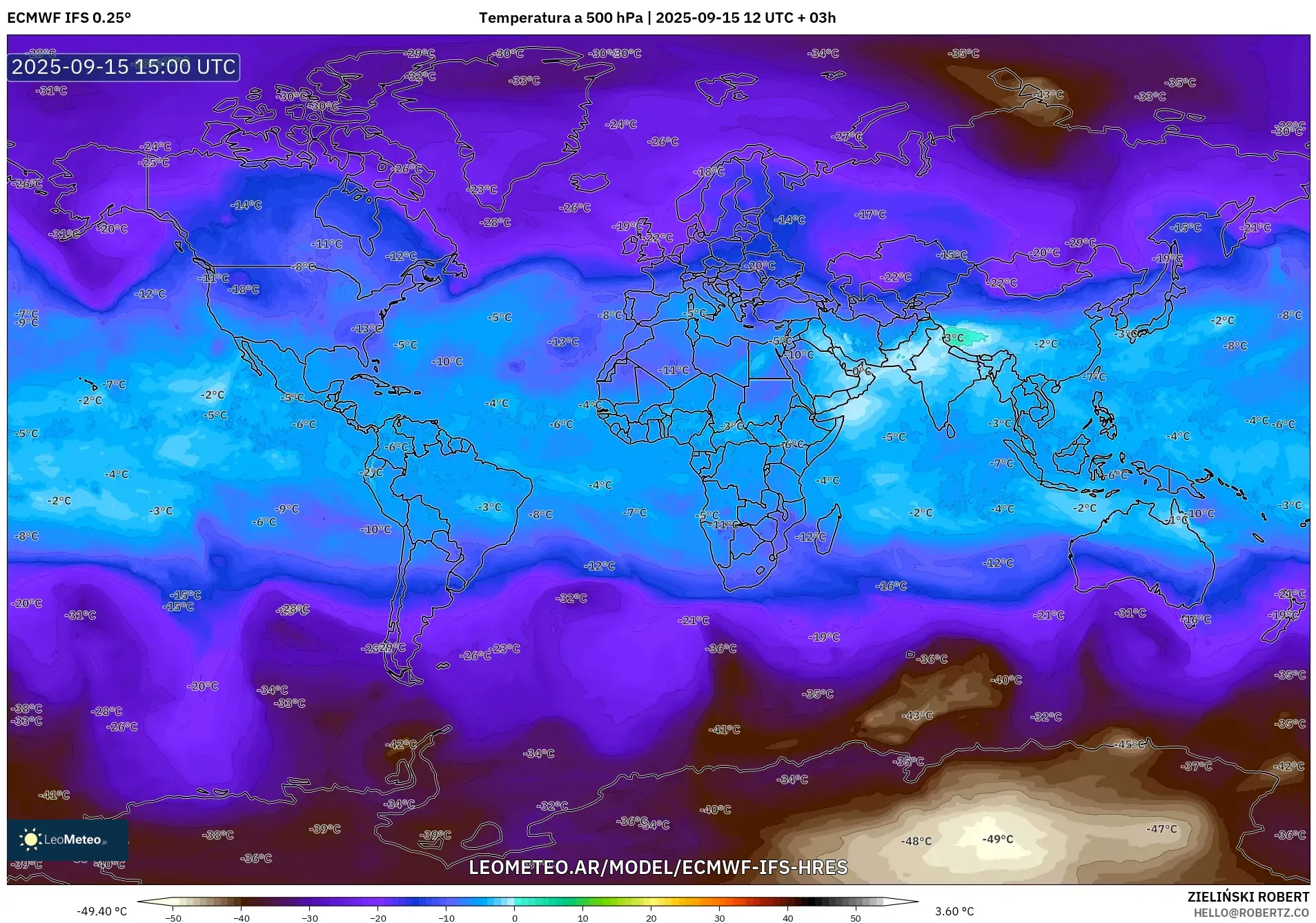 ECMWF IFS 0.25° model - Mundo, Temperatura a 500 hPa