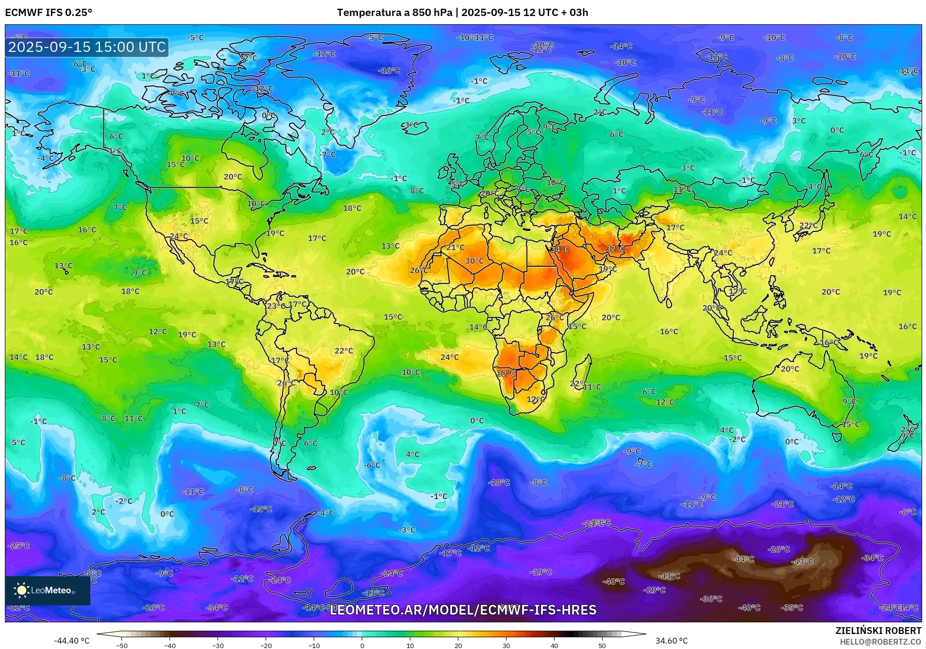 ECMWF IFS 0.25° model - Mundo, Temperatura a 850 hPa