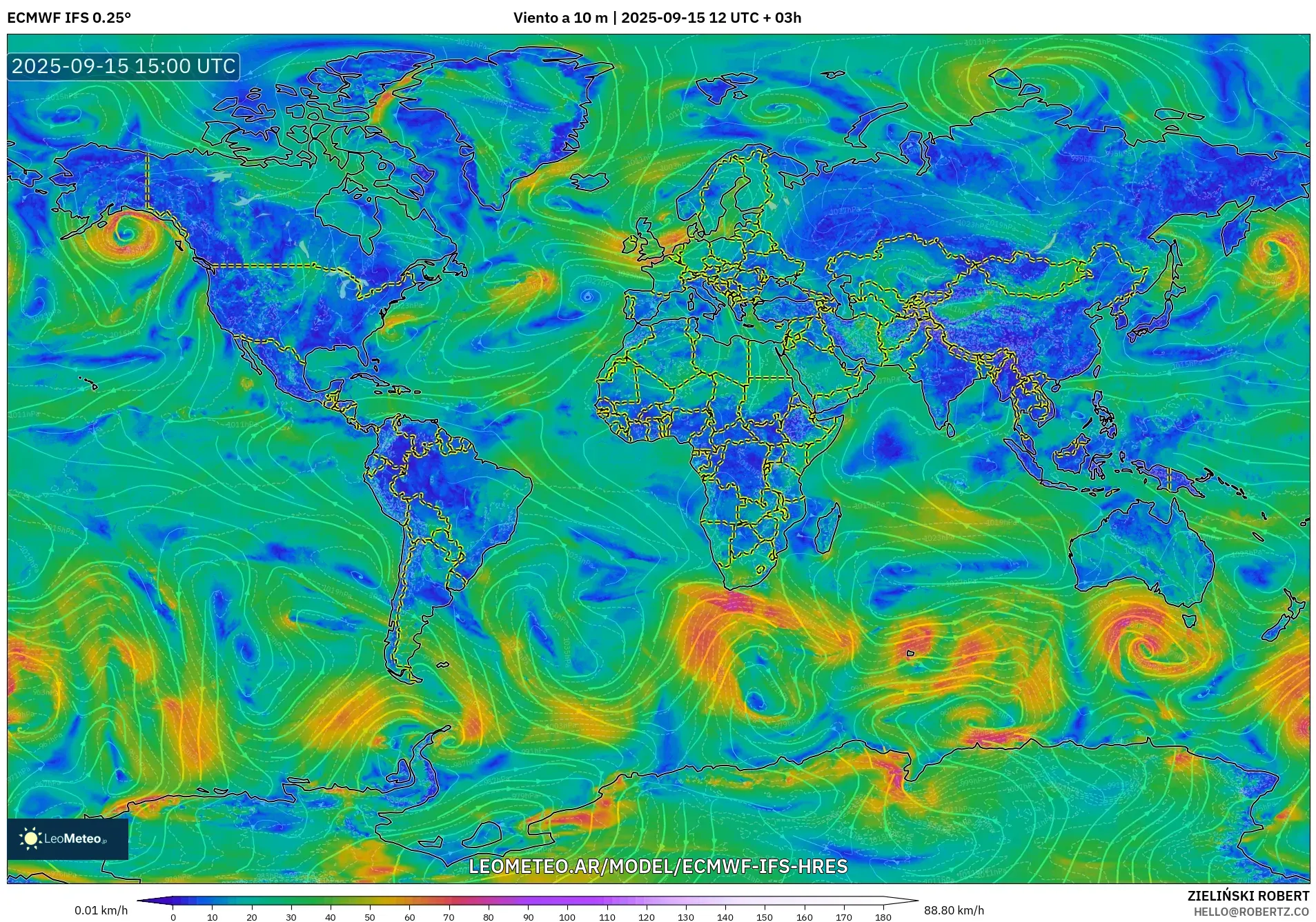 ECMWF IFS 0.25° model - Mundo, Viento a 10 m