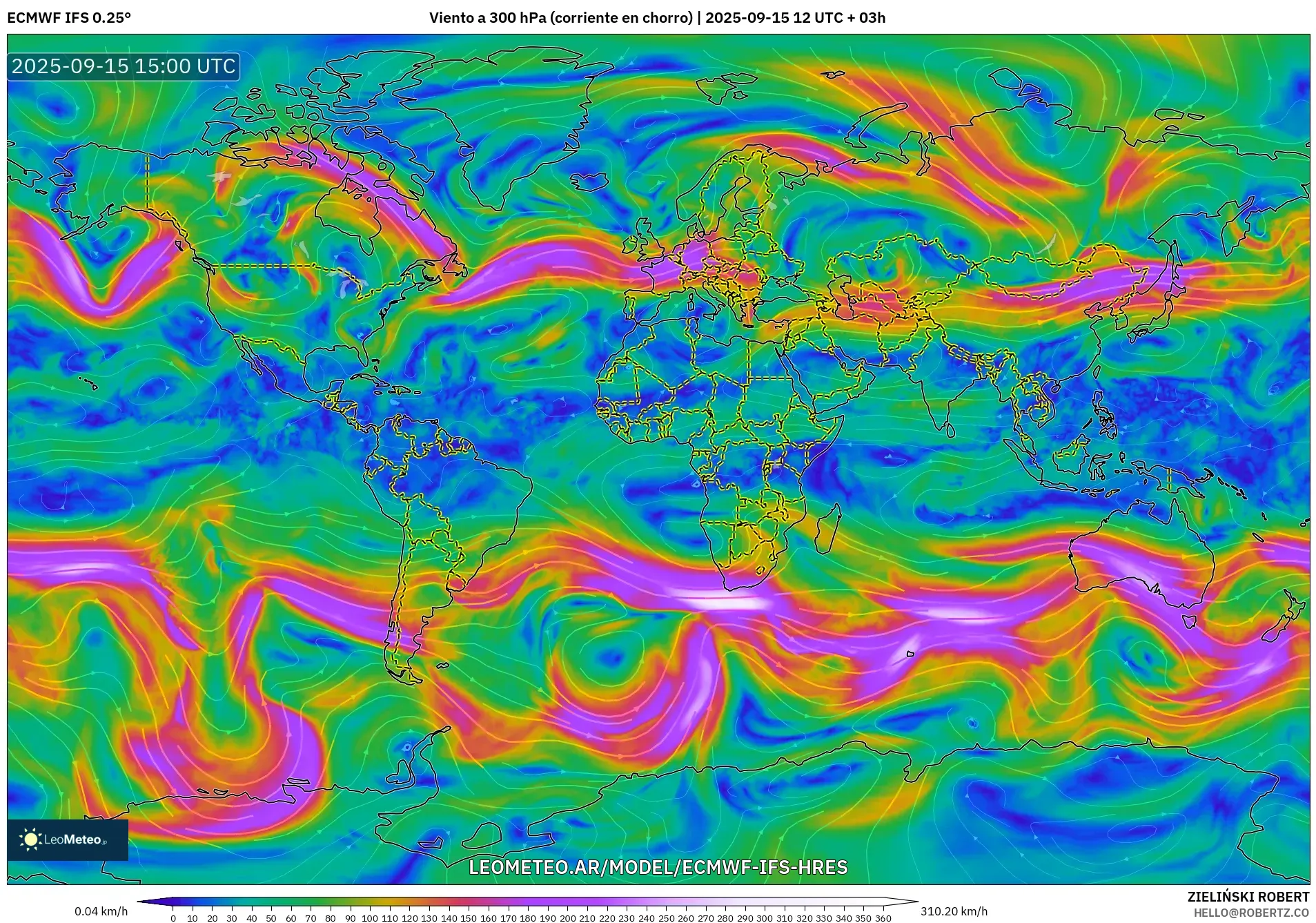 ECMWF IFS 0.25° model - Mundo, Viento a 300 hPa (corriente en chorro)