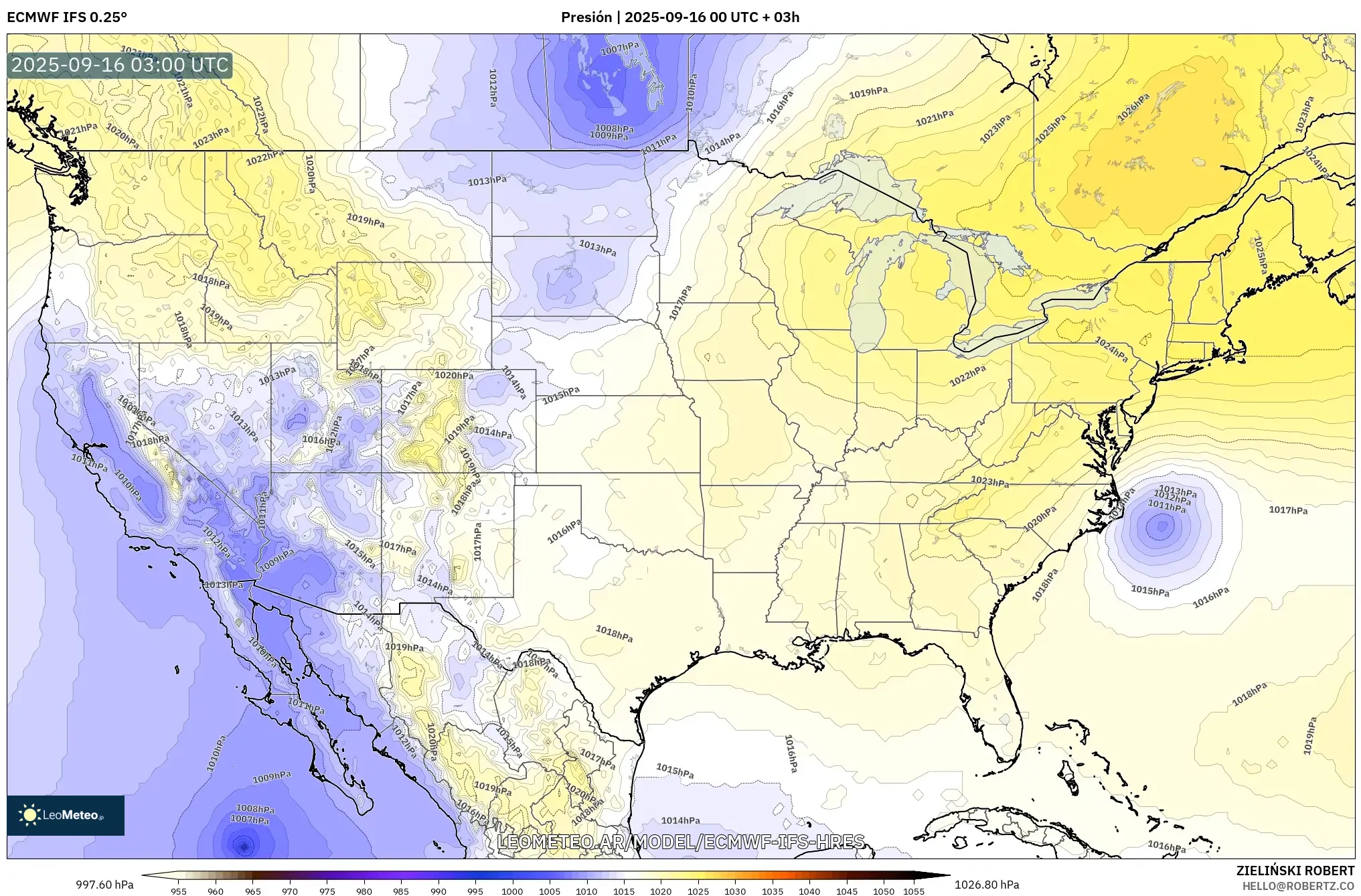 ECMWF IFS 0.25° model - Estados Unidos, Presión