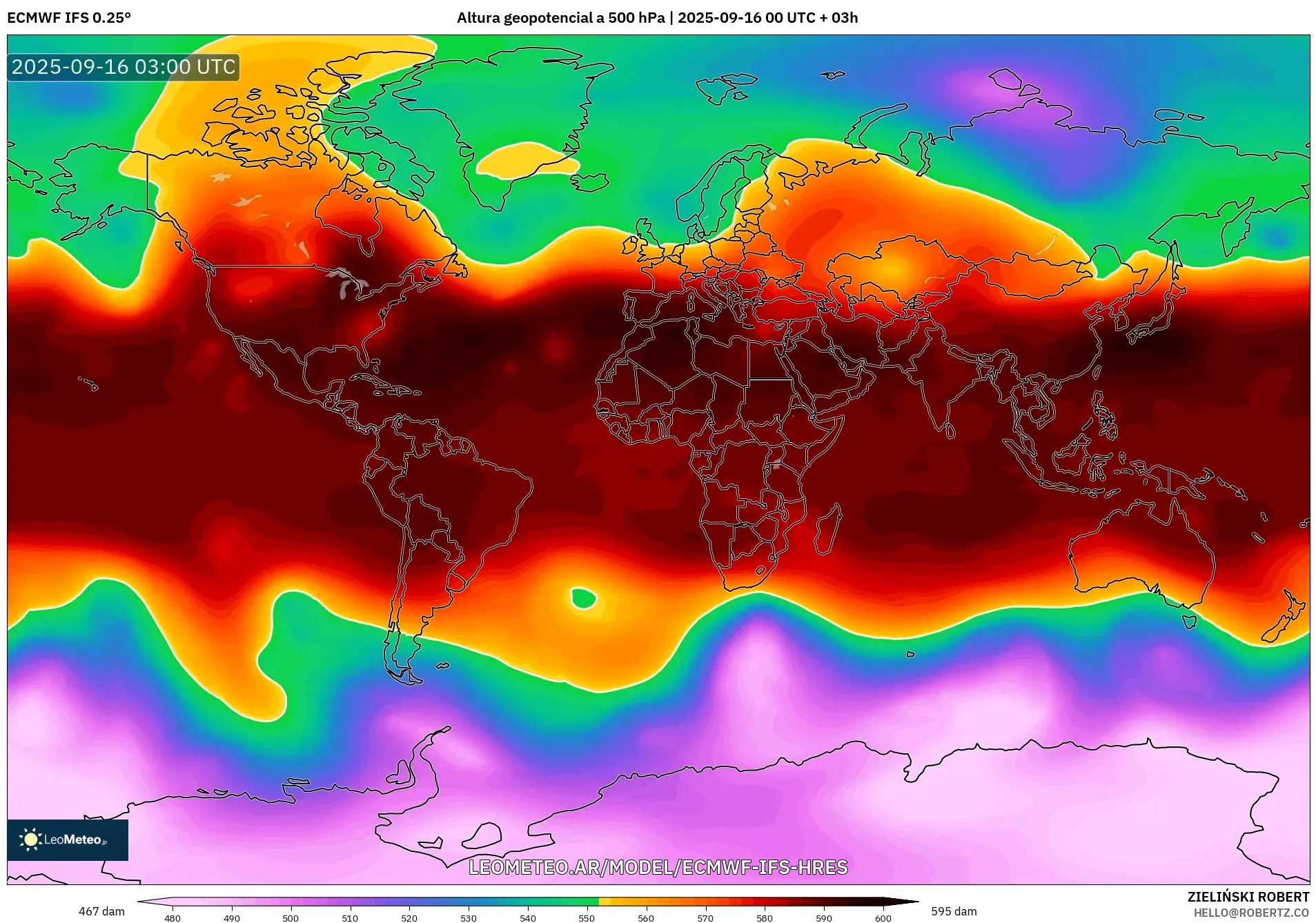 ECMWF IFS 0.25° model - Mundo, Altura geopotencial a 500 hPa