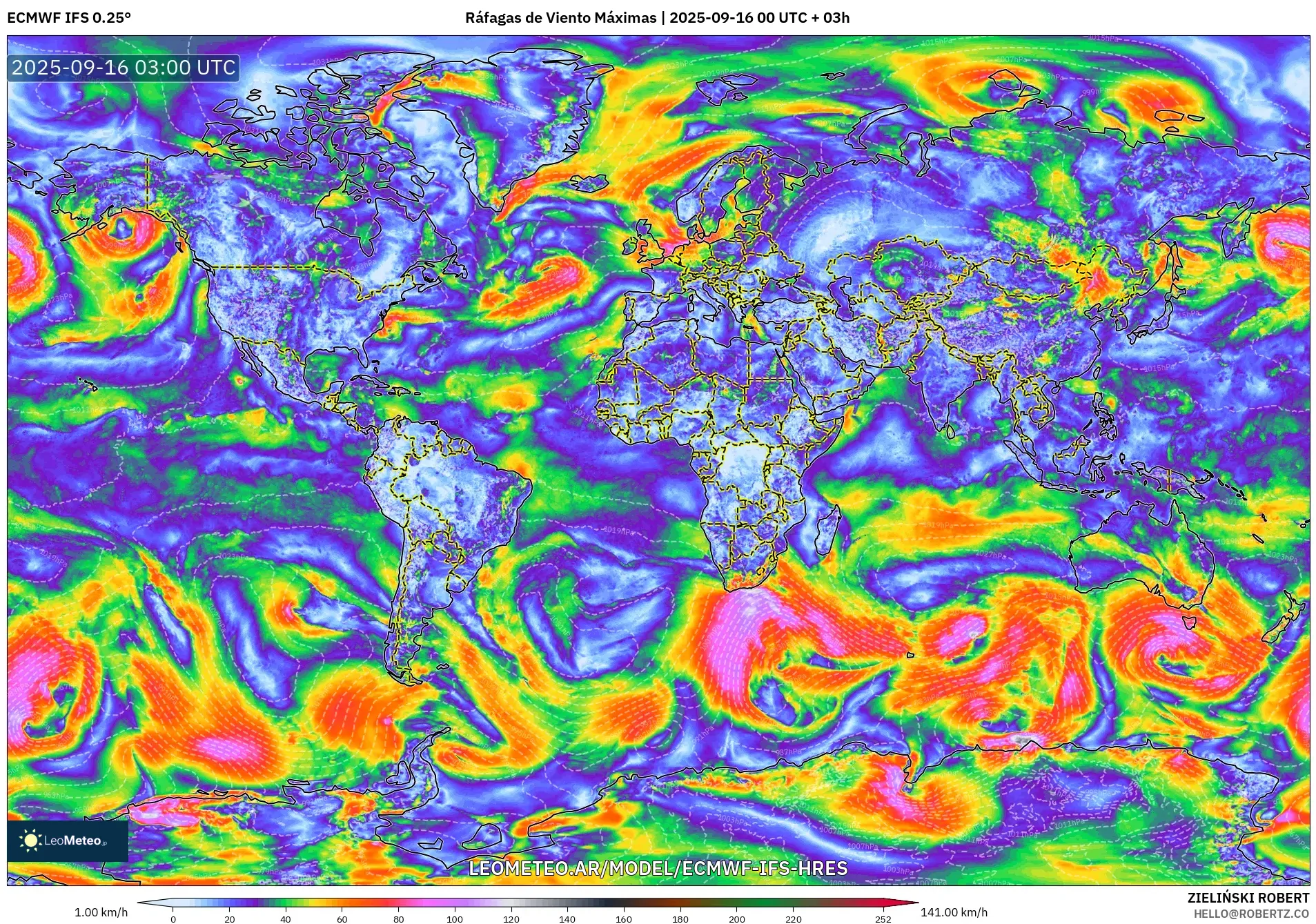ECMWF IFS 0.25° model - Mundo, Ráfagas de Viento Máximas