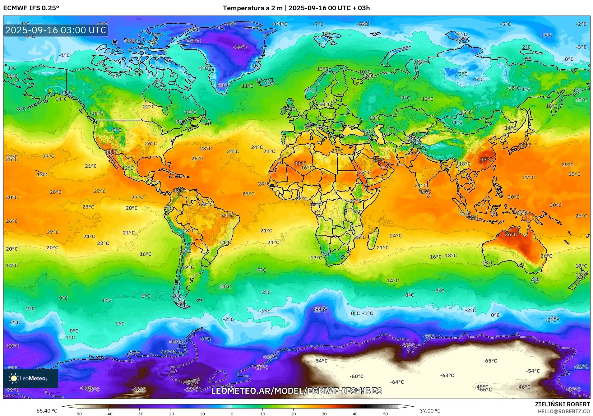 ECMWF IFS 0.25° model - Mundo, Temperatura a 2 m