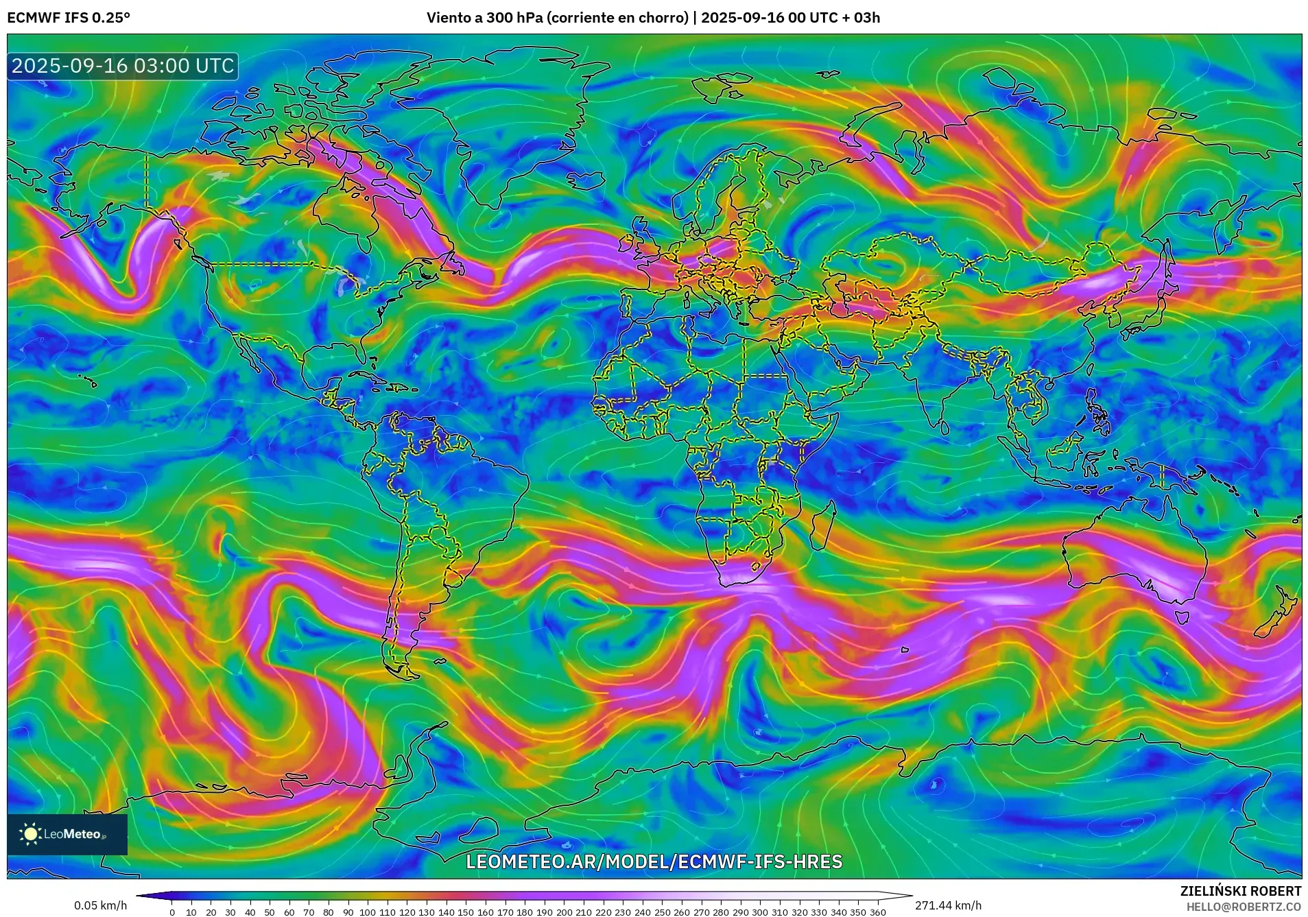 ECMWF IFS 0.25° model - Mundo, Viento a 300 hPa (corriente en chorro)