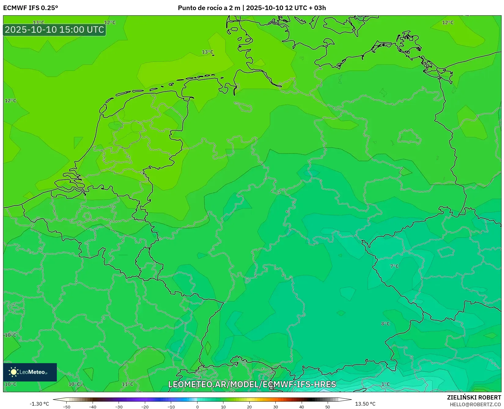 ECMWF IFS 0.25° model - Alemania, Punto de rocío a 2 m