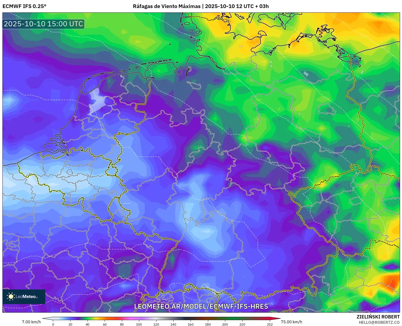 ECMWF IFS 0.25° model - Alemania, Ráfagas de Viento Máximas ECMWF IFS 0.25° model - Alemania, Ráfagas de Viento Máximas