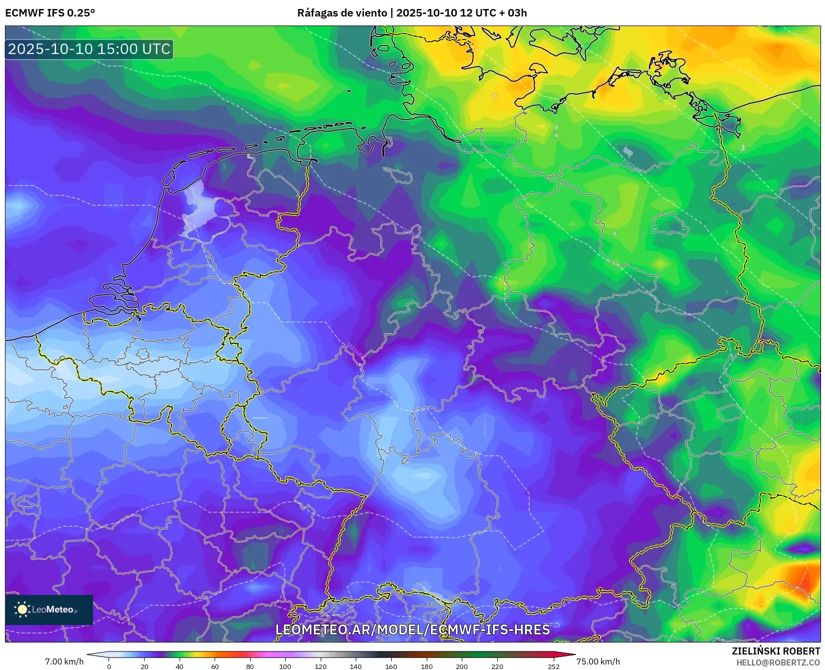 ECMWF IFS 0.25° model - Alemania, Ráfagas de viento ECMWF IFS 0.25° model - Alemania, Ráfagas de viento