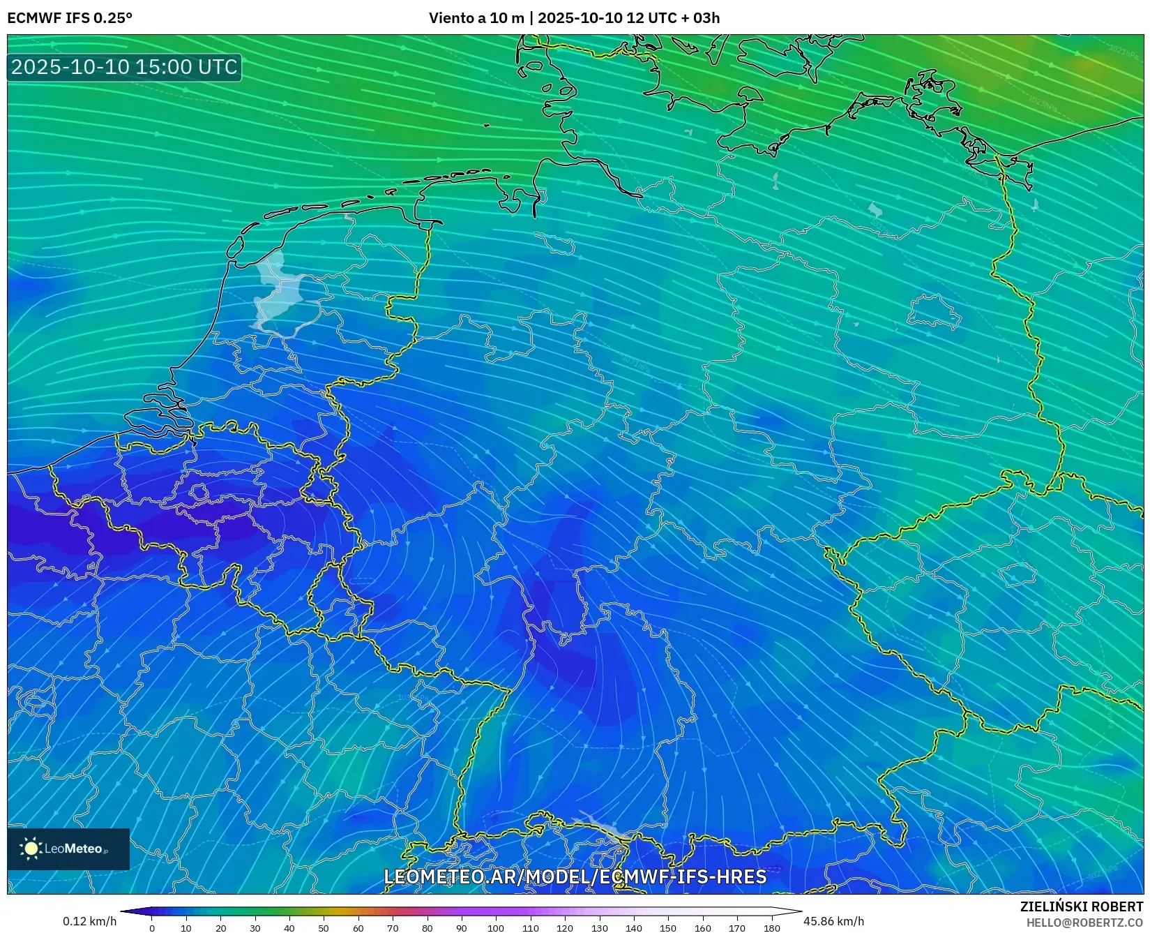 ECMWF IFS 0.25° model - Alemania, Viento a 10 m ECMWF IFS 0.25° model - Alemania, Viento a 10 m