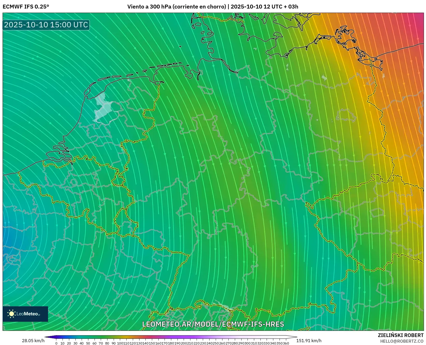ECMWF IFS 0.25° model - Alemania, Viento a 300 hPa (corriente en chorro) ECMWF IFS 0.25° model - Alemania, Viento a 300 hPa (corriente en chorro)