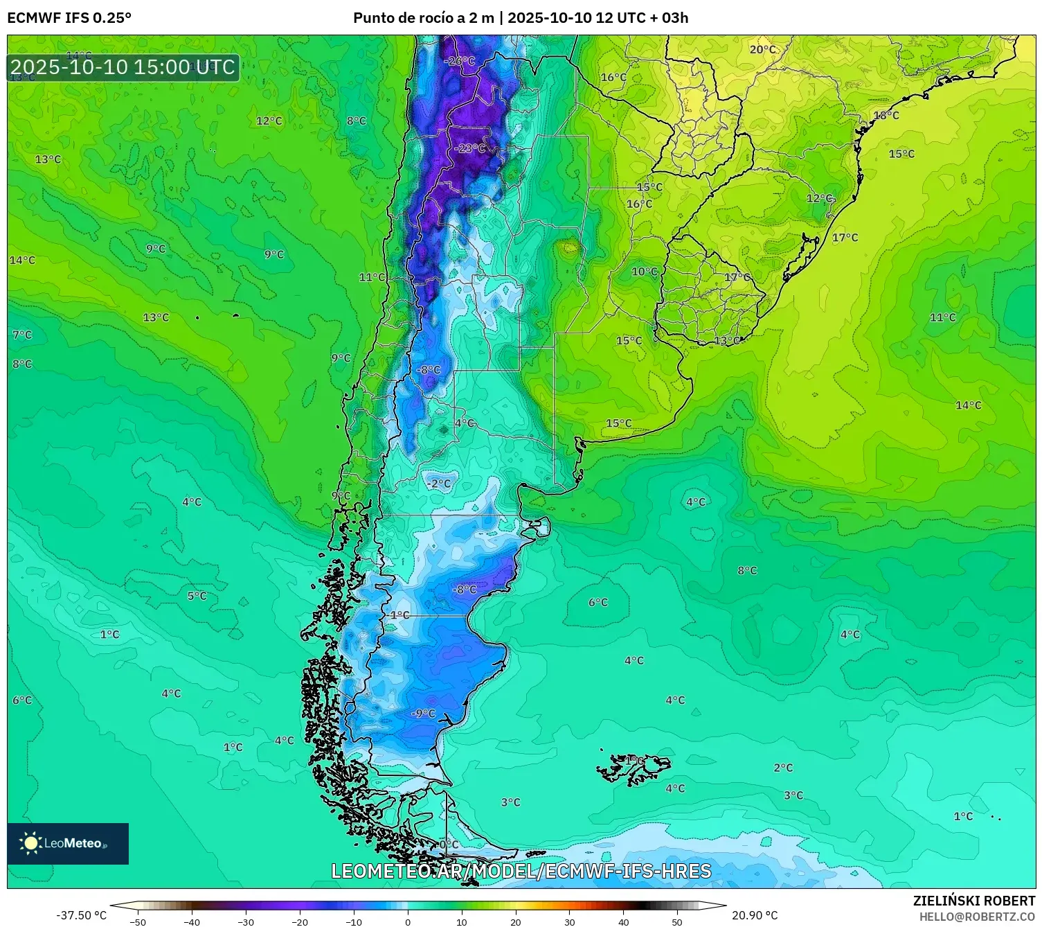 ECMWF IFS 0.25° model - Argentina, Punto de rocío a 2 m