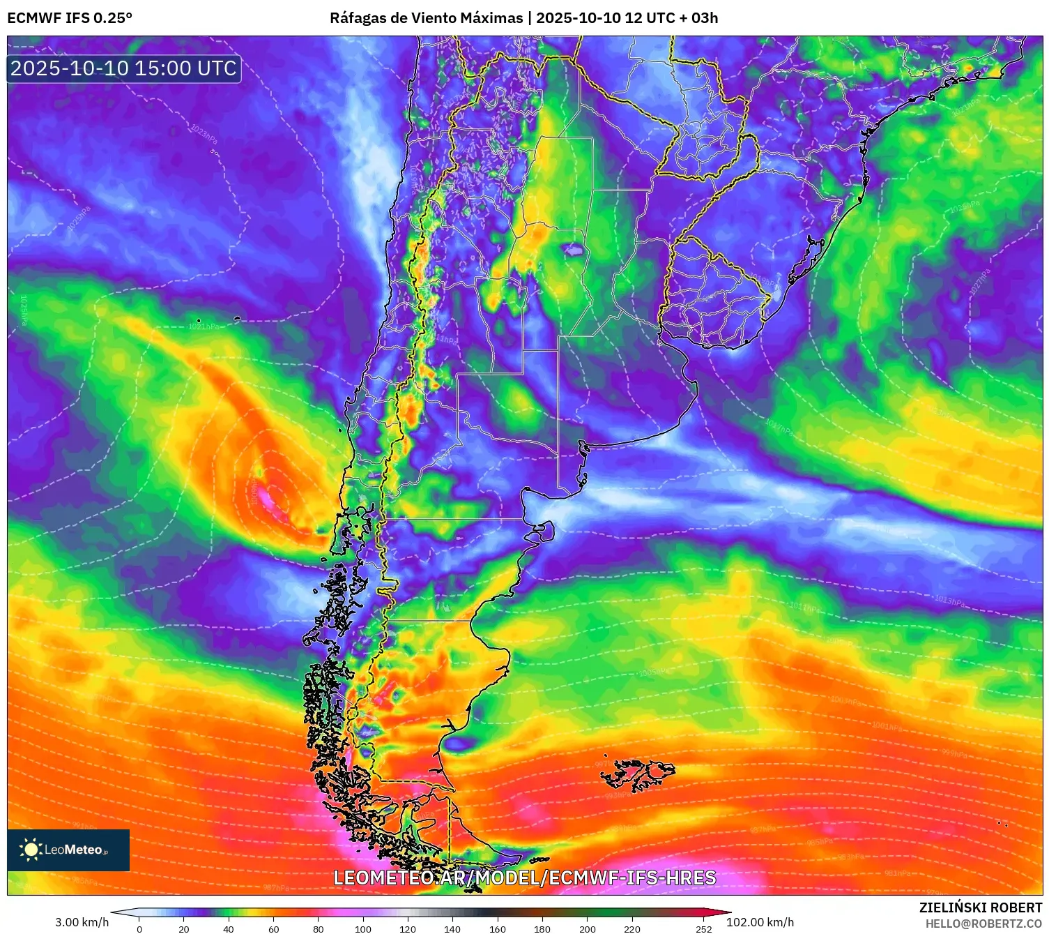 ECMWF IFS 0.25° model - Argentina, Ráfagas de Viento Máximas ECMWF IFS 0.25° model - Argentina, Ráfagas de Viento Máximas