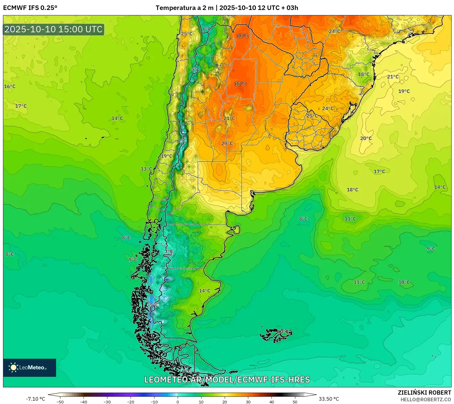 ECMWF IFS 0.25° model - Argentina, Temperatura a 2 m ECMWF IFS 0.25° model - Argentina, Temperatura a 2 m