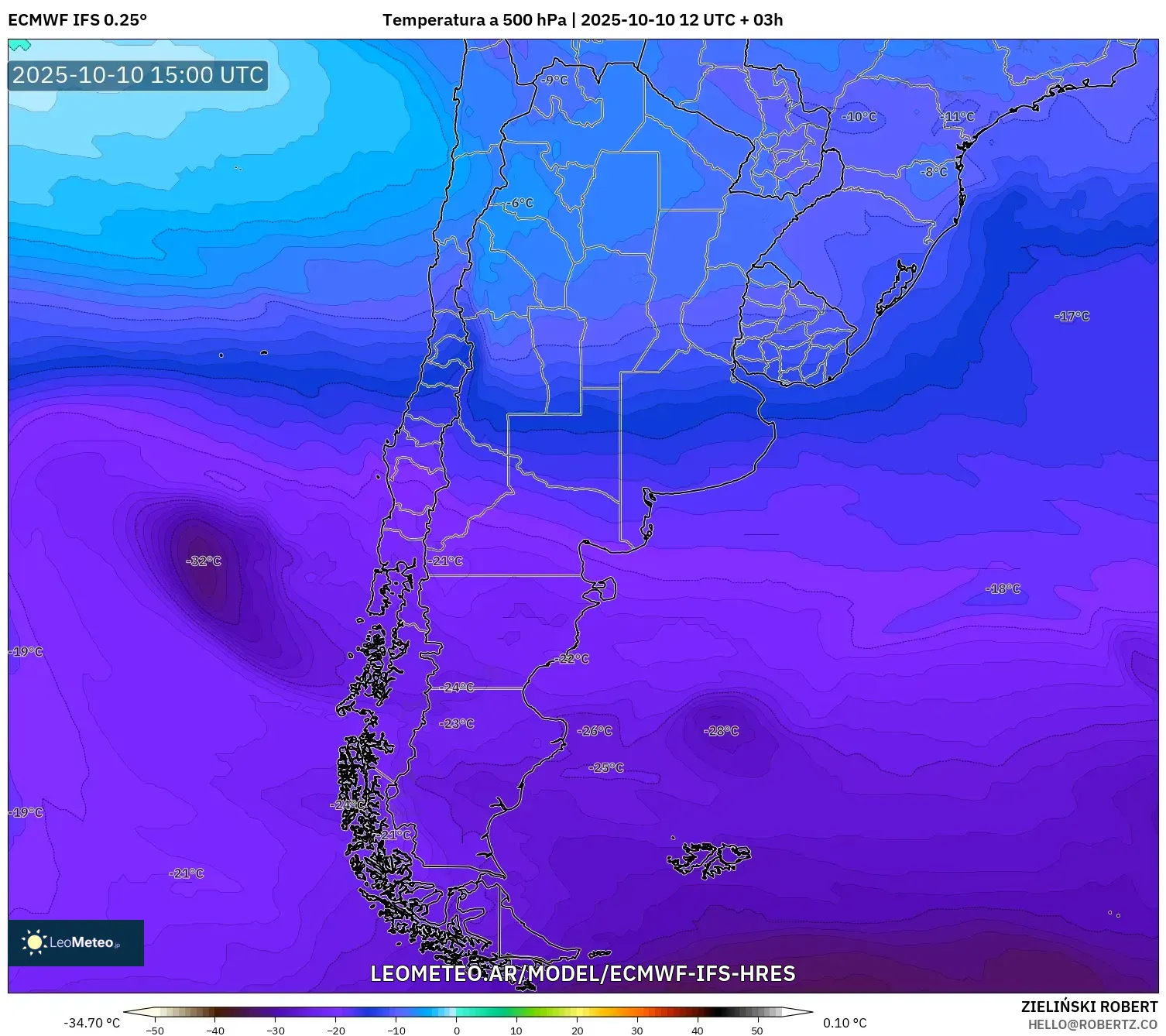 ECMWF IFS 0.25° model - Argentina, Temperatura a 500 hPa ECMWF IFS 0.25° model - Argentina, Temperatura a 500 hPa