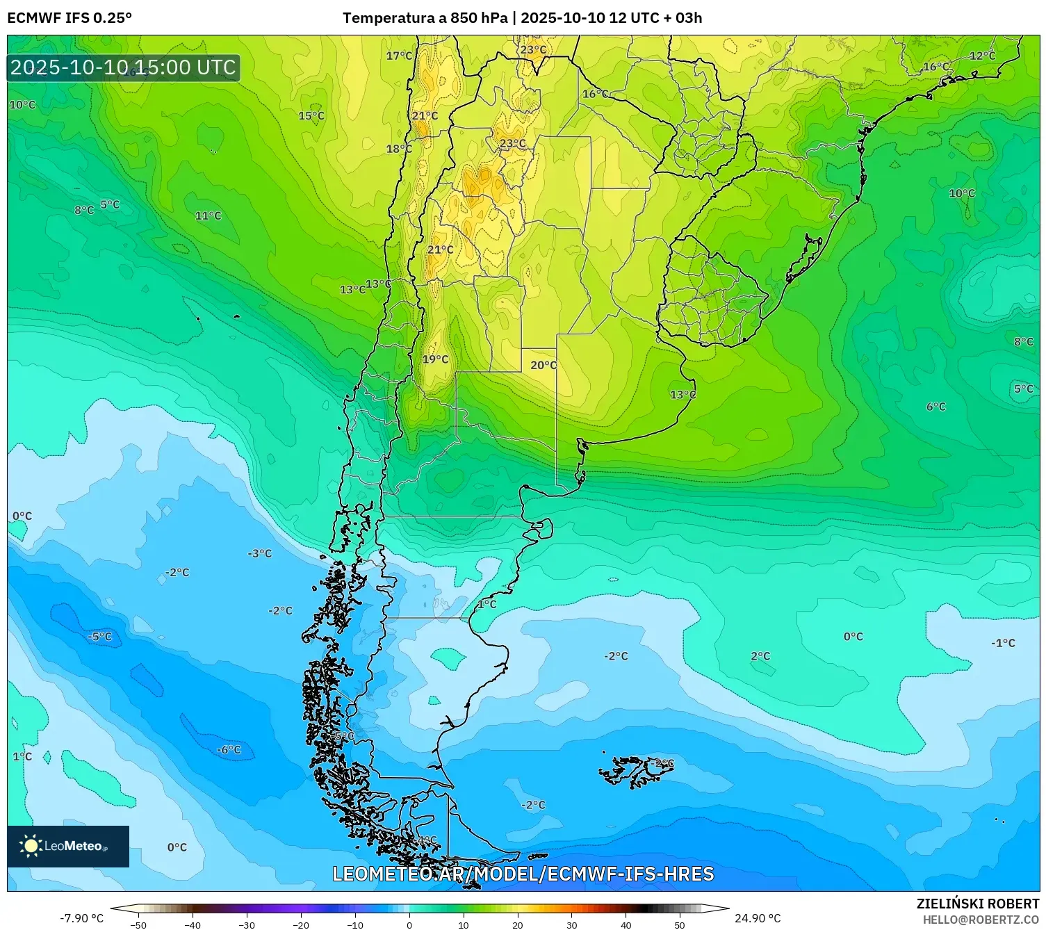 ECMWF IFS 0.25° model - Argentina, Temperatura a 850 hPa ECMWF IFS 0.25° model - Argentina, Temperatura a 850 hPa