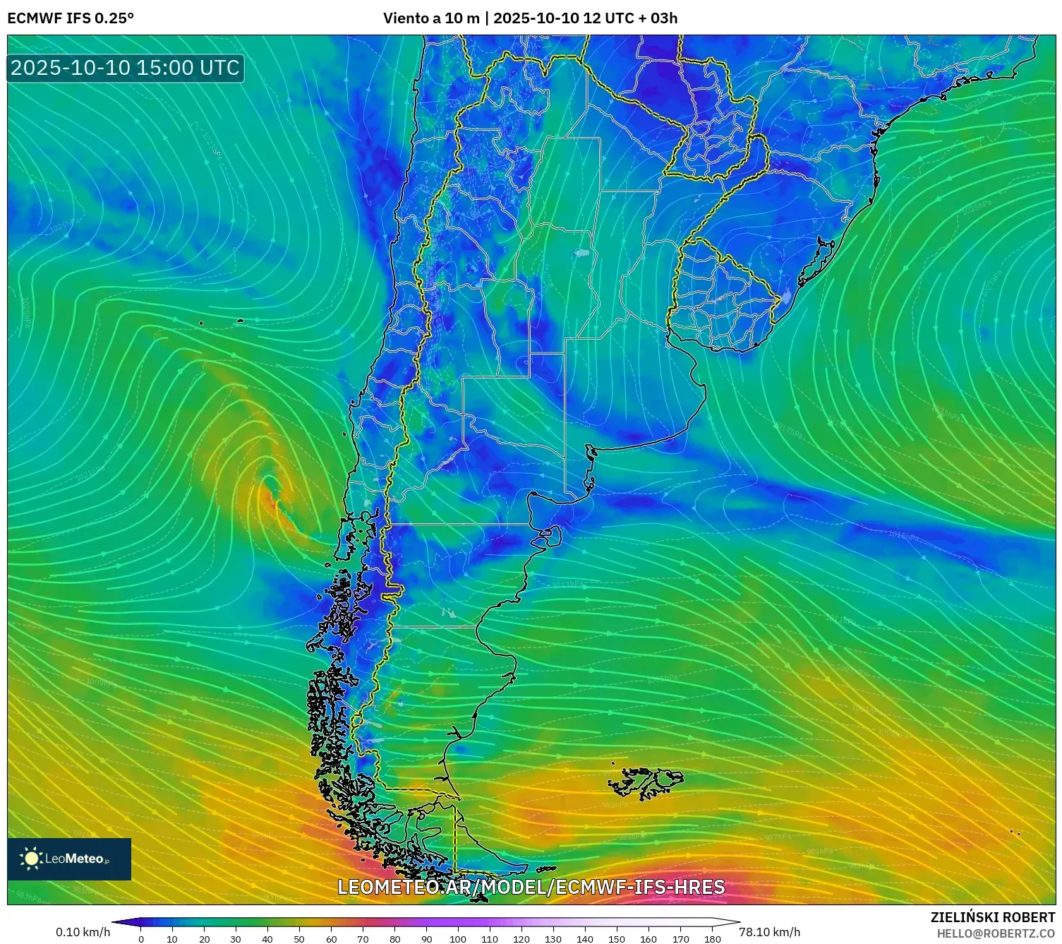 ECMWF IFS 0.25° model - Argentina, Viento a 10 m ECMWF IFS 0.25° model - Argentina, Viento a 10 m