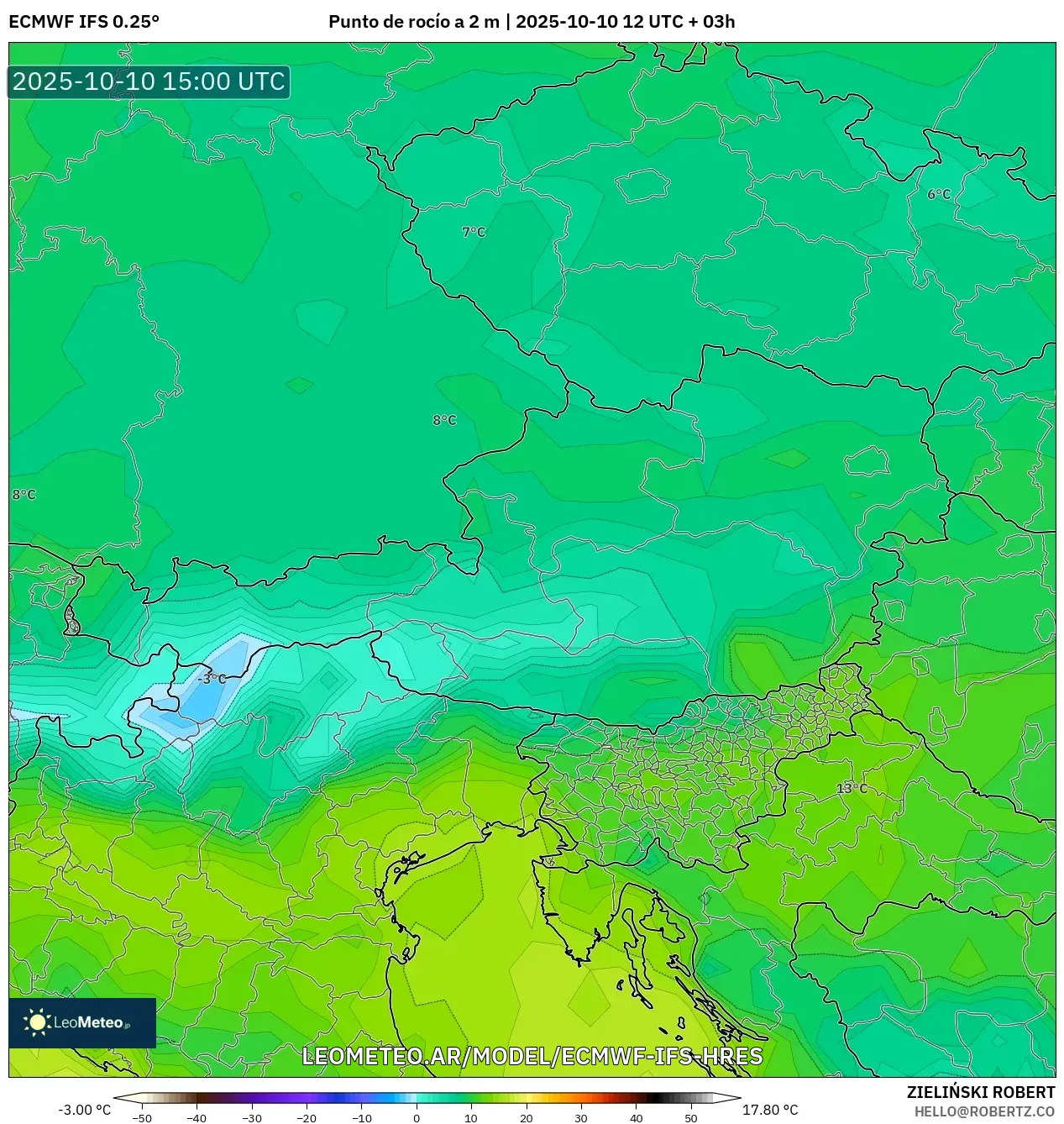 ECMWF IFS 0.25° model - Austria, Punto de rocío a 2 m ECMWF IFS 0.25° model - Austria, Punto de rocío a 2 m