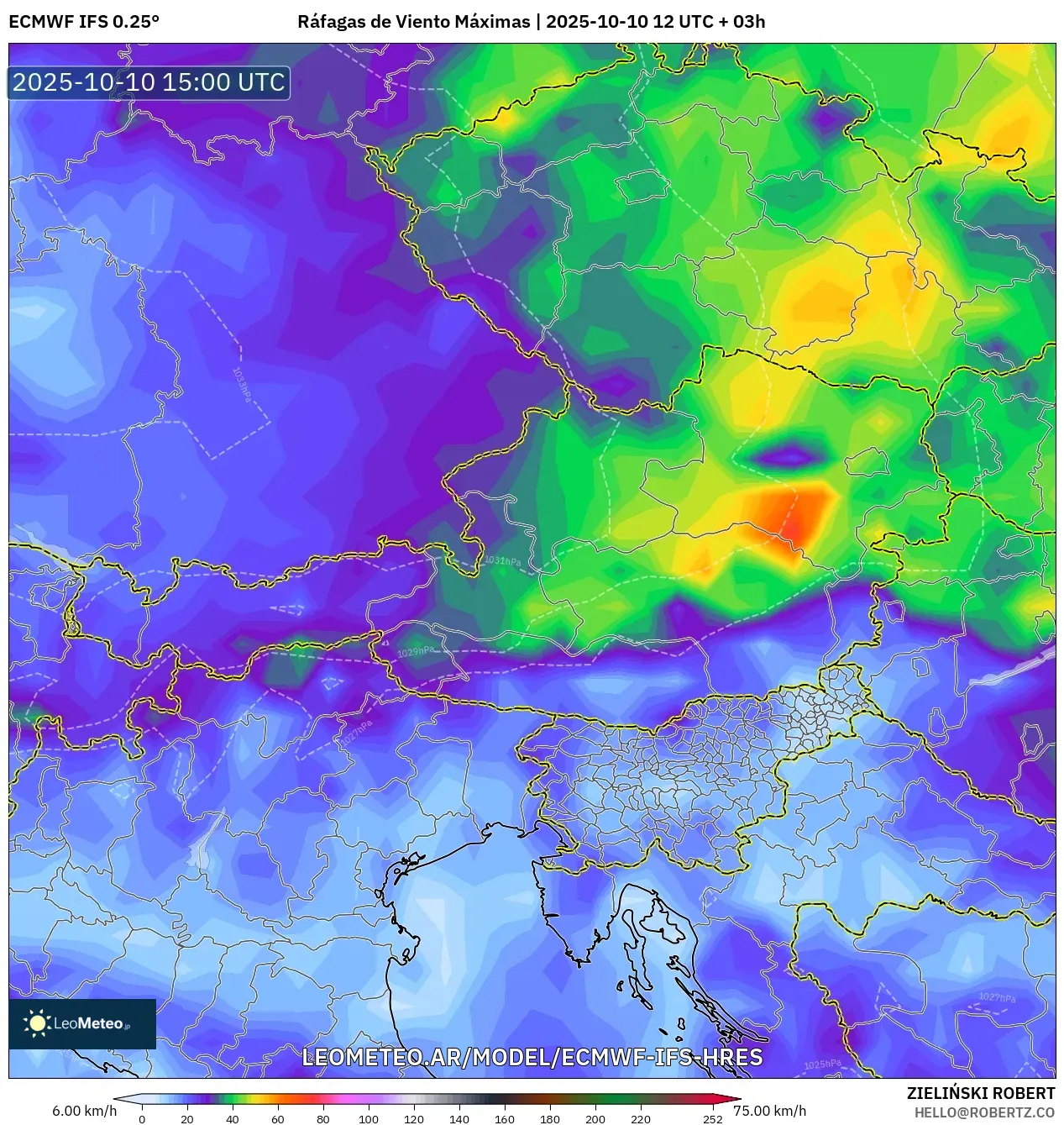 ECMWF IFS 0.25° model - Austria, Ráfagas de Viento Máximas ECMWF IFS 0.25° model - Austria, Ráfagas de Viento Máximas