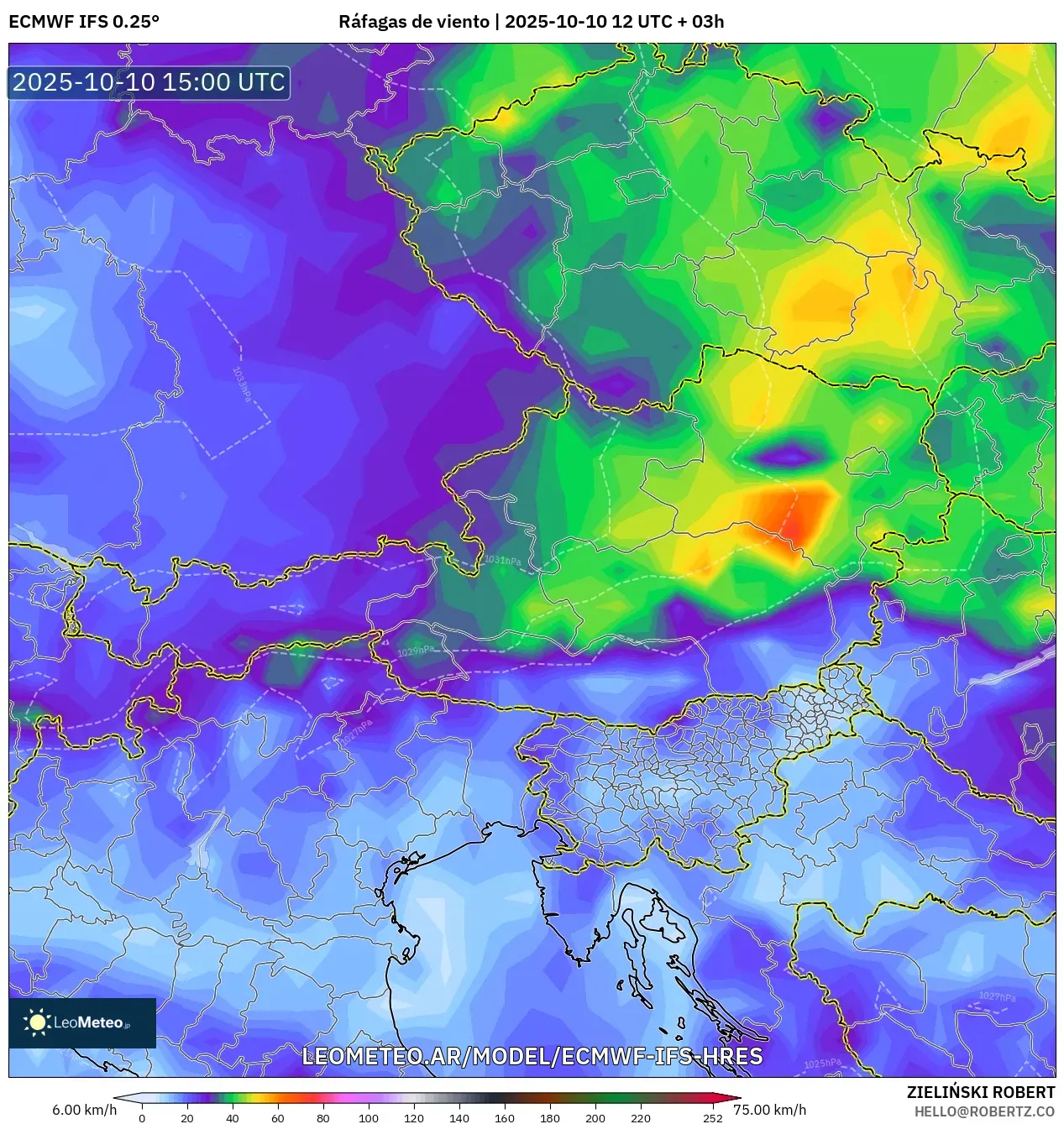 ECMWF IFS 0.25° model - Austria, Ráfagas de viento ECMWF IFS 0.25° model - Austria, Ráfagas de viento