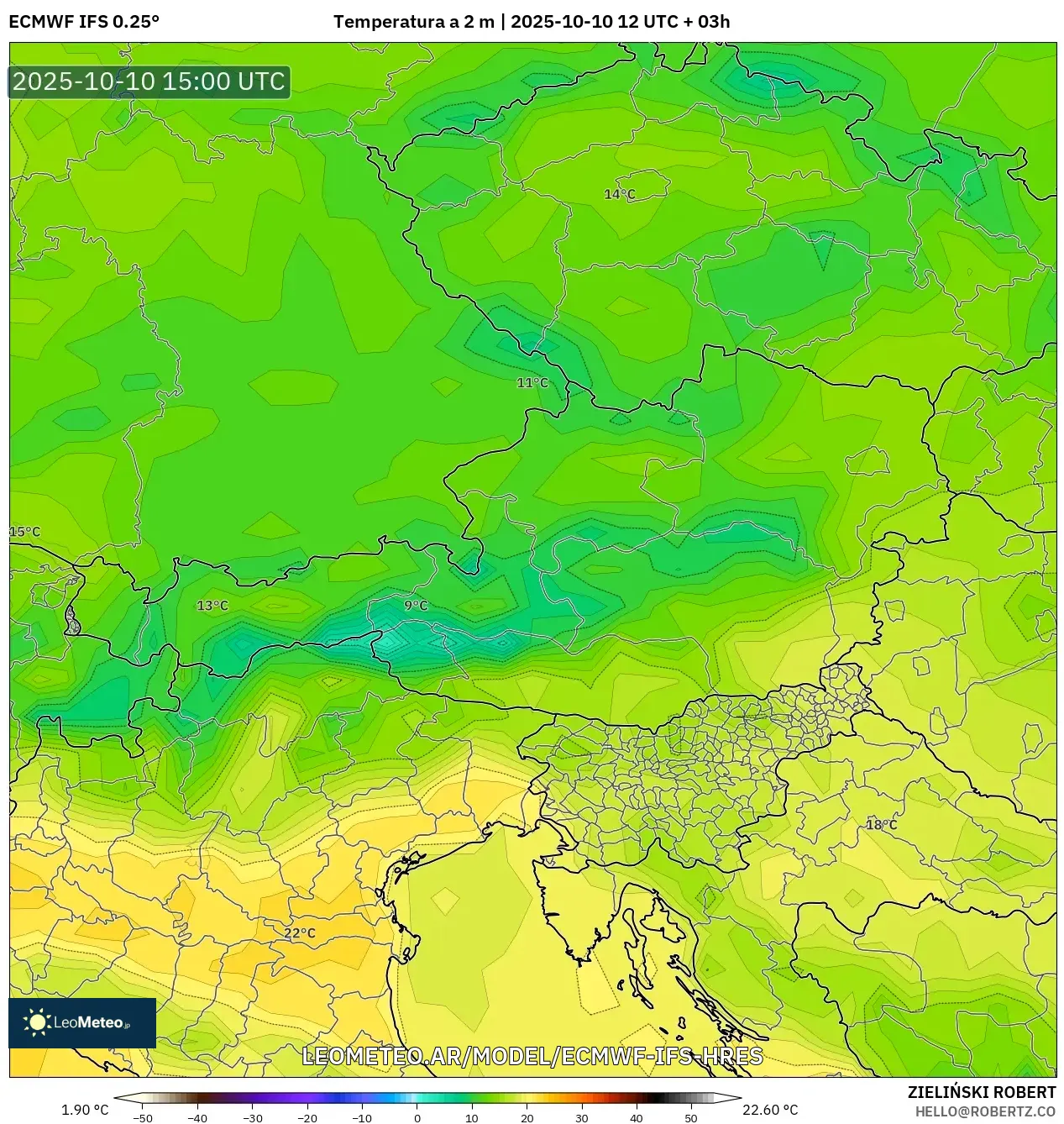 ECMWF IFS 0.25° model - Austria, Temperatura a 2 m ECMWF IFS 0.25° model - Austria, Temperatura a 2 m