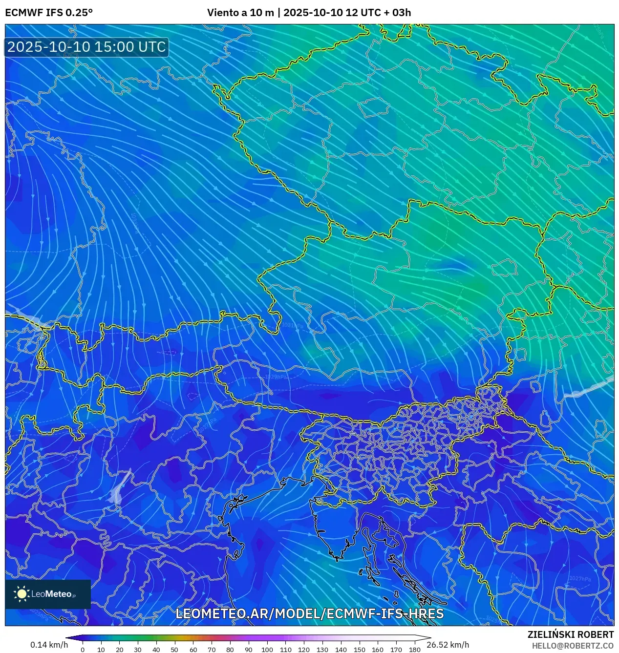 ECMWF IFS 0.25° model - Austria, Viento a 10 m ECMWF IFS 0.25° model - Austria, Viento a 10 m