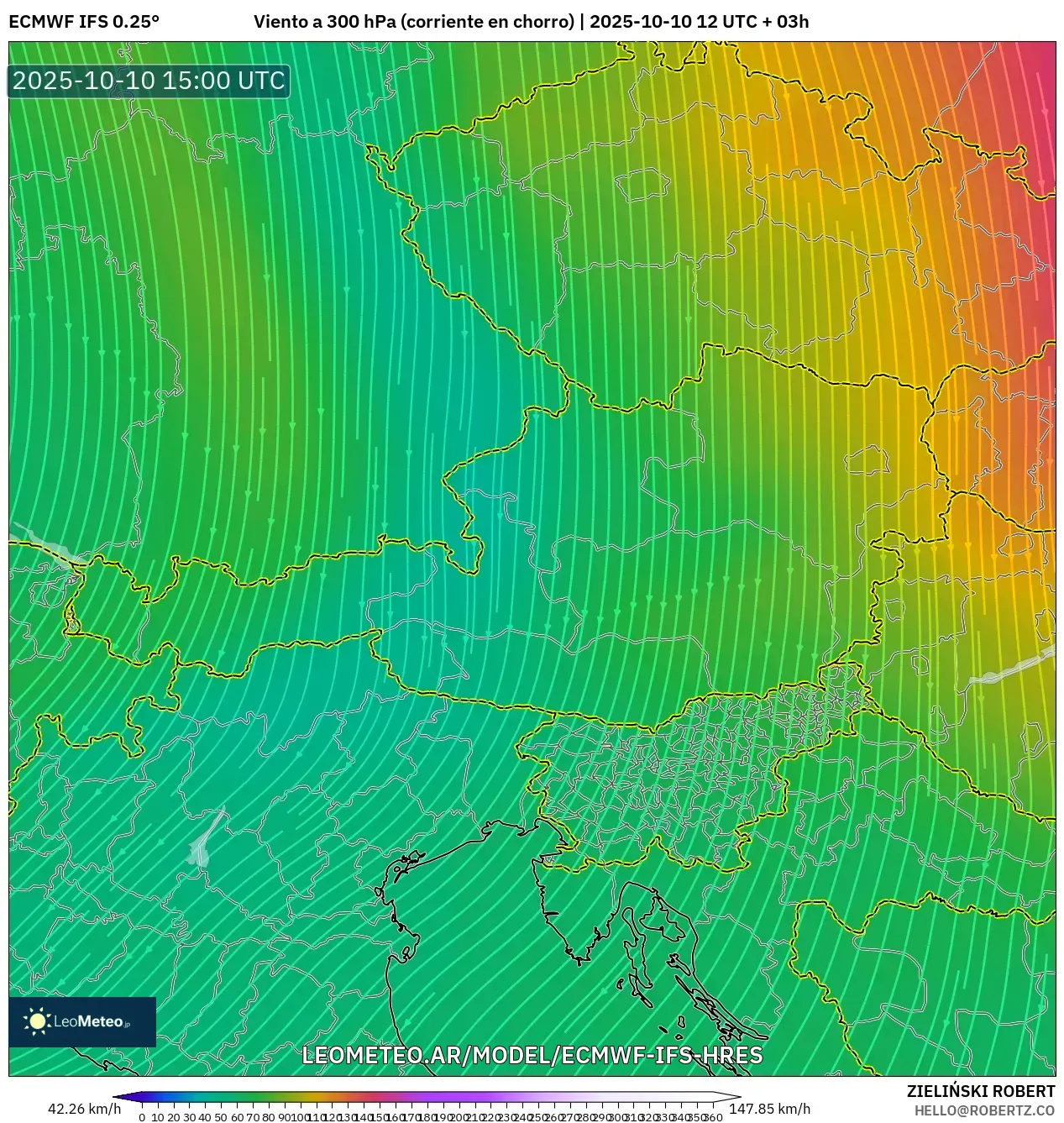 ECMWF IFS 0.25° model - Austria, Viento a 300 hPa (corriente en chorro) ECMWF IFS 0.25° model - Austria, Viento a 300 hPa (corriente en chorro)