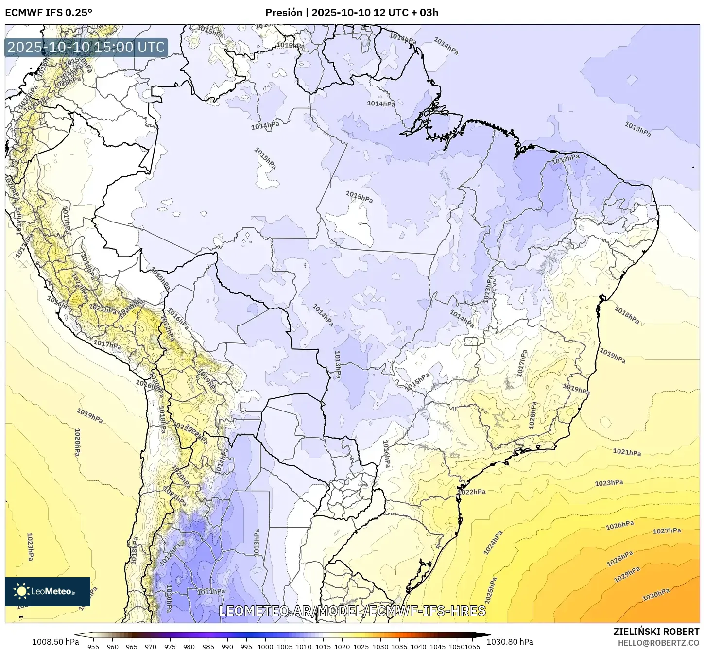 ECMWF IFS 0.25° model - Brasil, Presión ECMWF IFS 0.25° model - Brasil, Presión