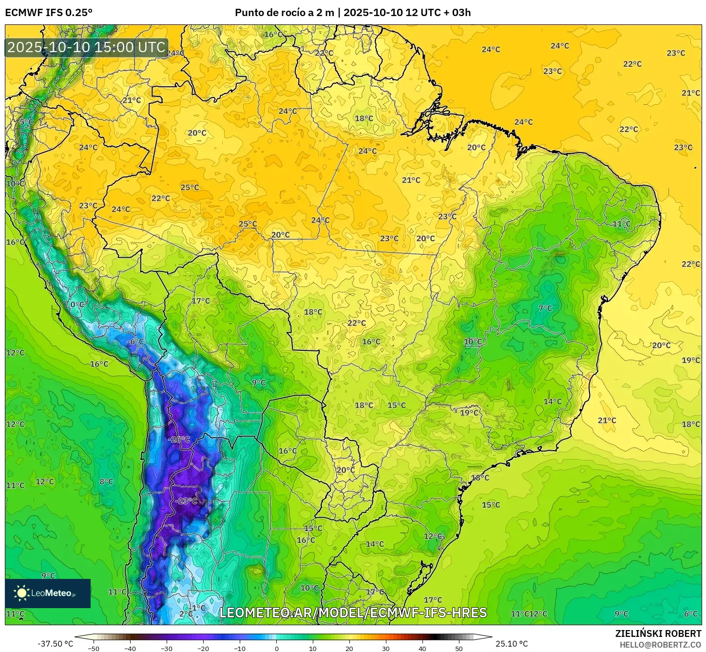 ECMWF IFS 0.25° model - Brasil, Punto de rocío a 2 m ECMWF IFS 0.25° model - Brasil, Punto de rocío a 2 m