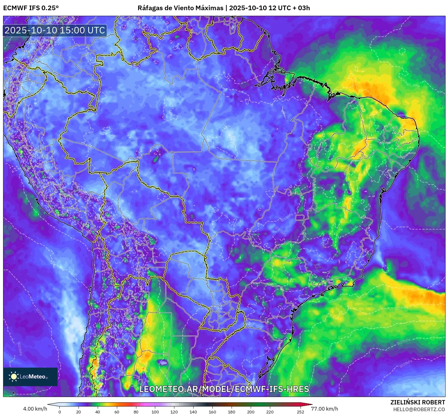 ECMWF IFS 0.25° model - Brasil, Ráfagas de Viento Máximas
