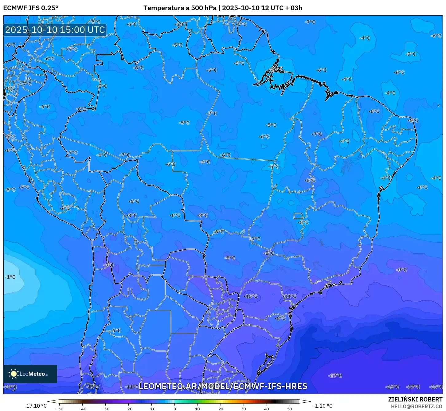 ECMWF IFS 0.25° model - Brasil, Temperatura a 500 hPa ECMWF IFS 0.25° model - Brasil, Temperatura a 500 hPa
