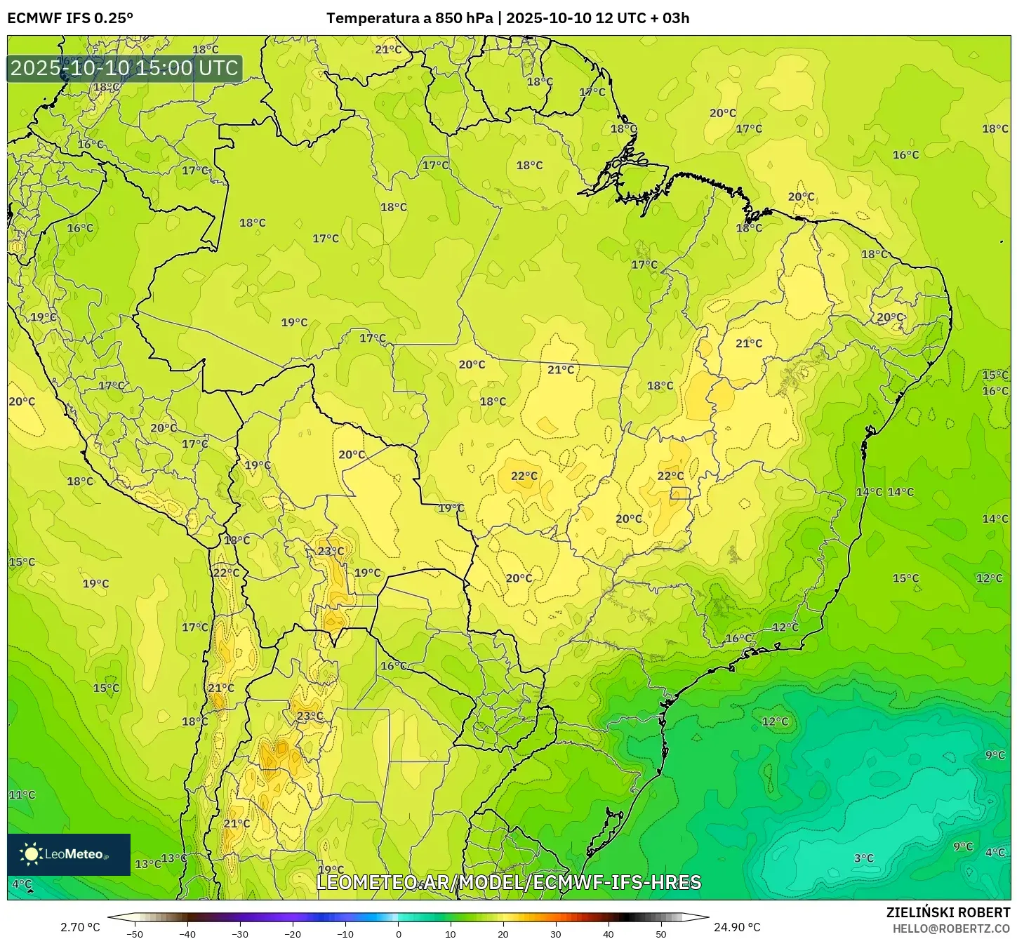ECMWF IFS 0.25° model - Brasil, Temperatura a 850 hPa ECMWF IFS 0.25° model - Brasil, Temperatura a 850 hPa