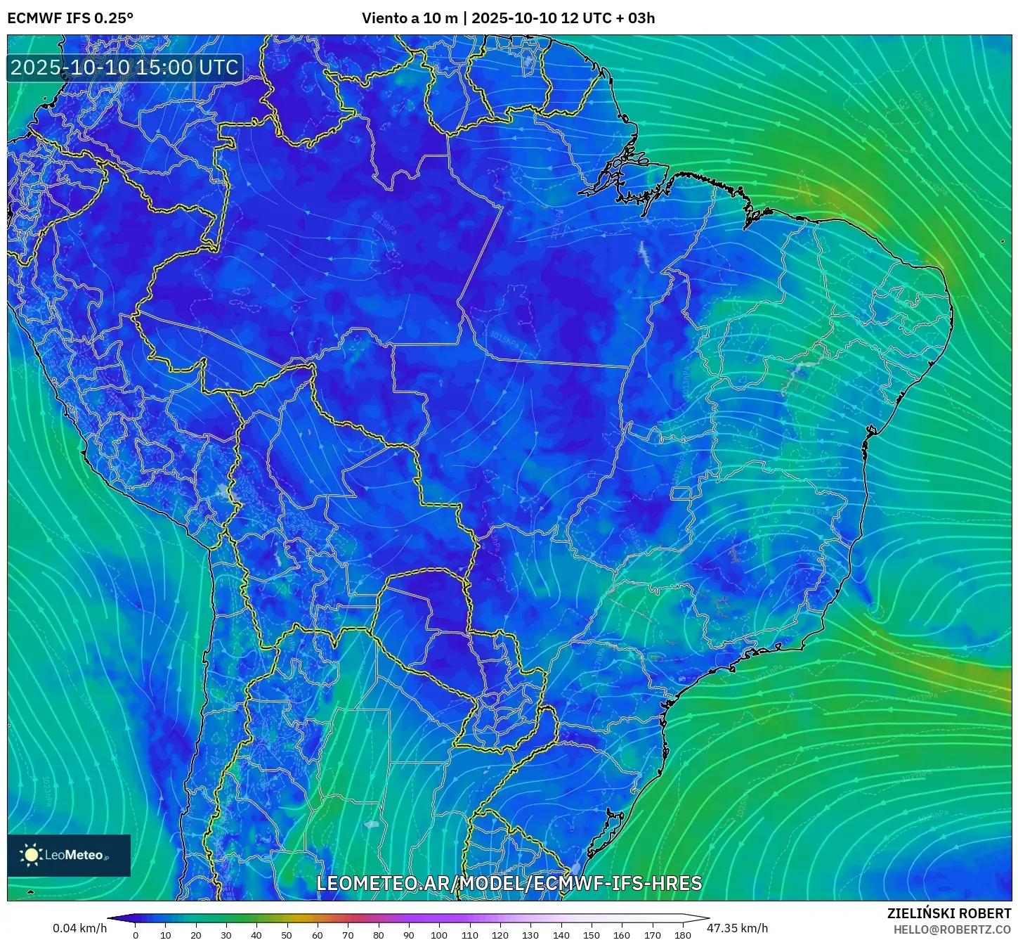 ECMWF IFS 0.25° model - Brasil, Viento a 10 m ECMWF IFS 0.25° model - Brasil, Viento a 10 m
