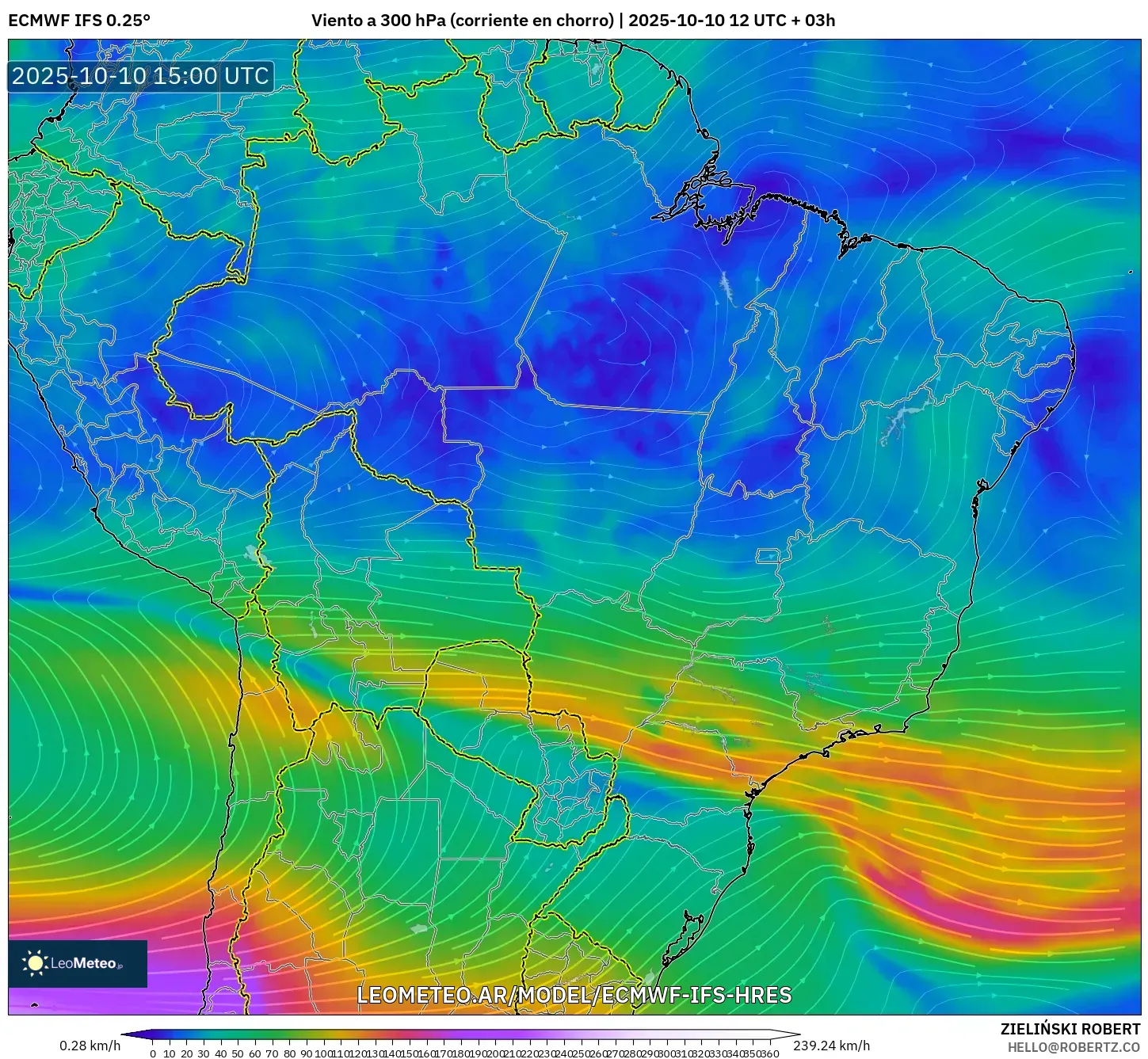 ECMWF IFS 0.25° model - Brasil, Viento a 300 hPa (corriente en chorro) ECMWF IFS 0.25° model - Brasil, Viento a 300 hPa (corriente en chorro)