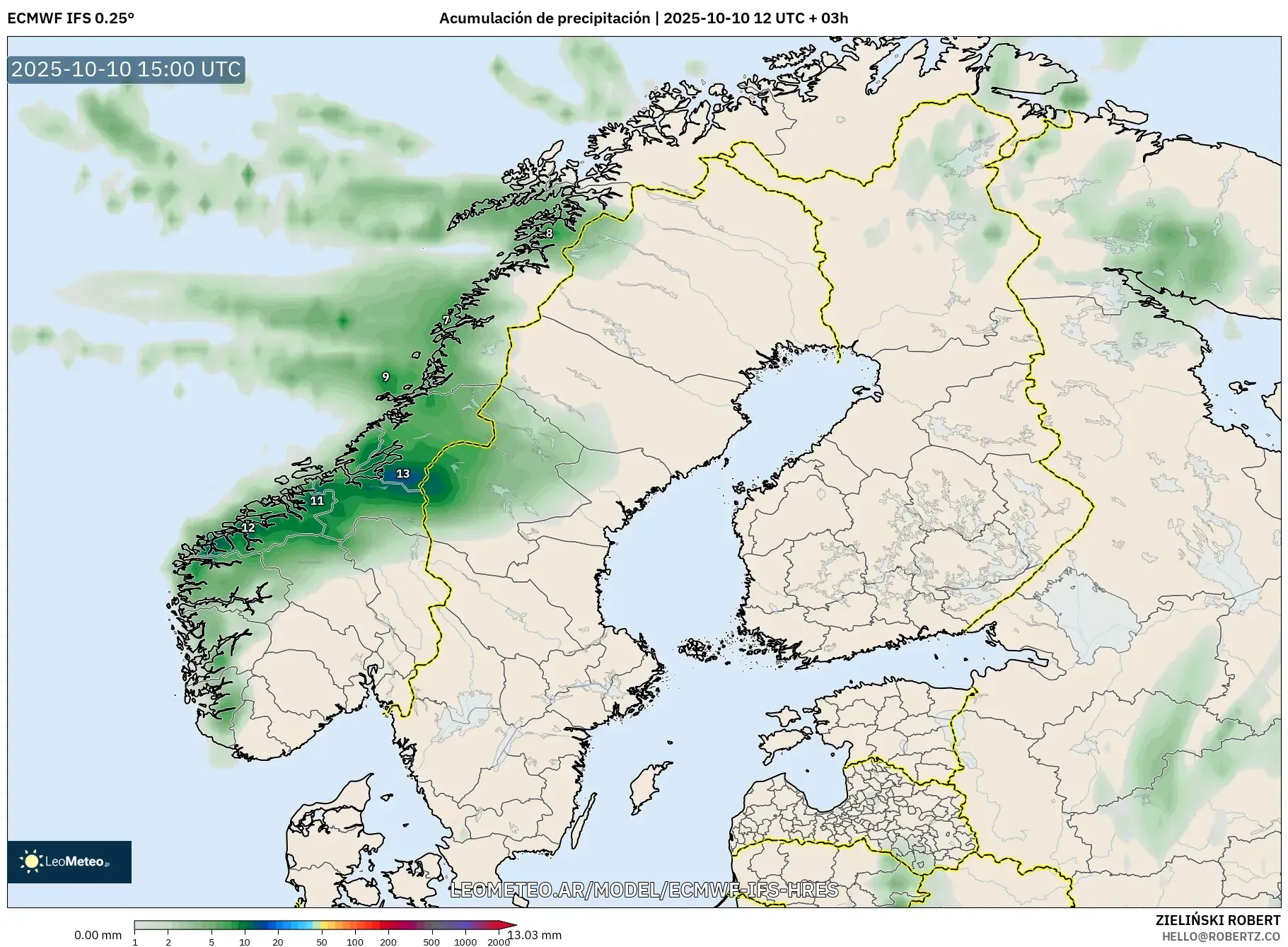 ECMWF IFS 0.25° model - Escandinavia, Acumulación de precipitación ECMWF IFS 0.25° model - Escandinavia, Acumulación de precipitación