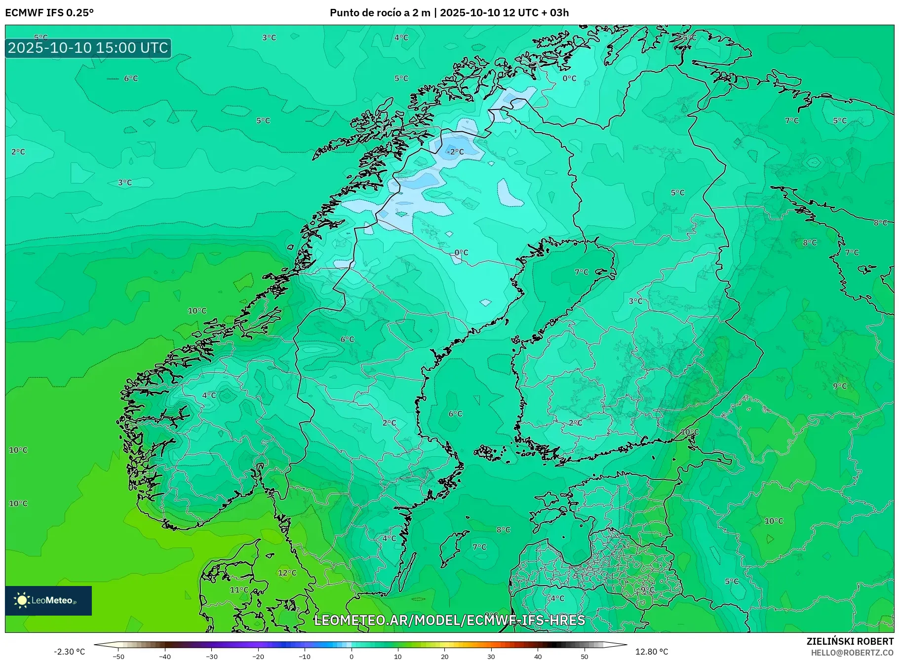 ECMWF IFS 0.25° model - Escandinavia, Punto de rocío a 2 m ECMWF IFS 0.25° model - Escandinavia, Punto de rocío a 2 m