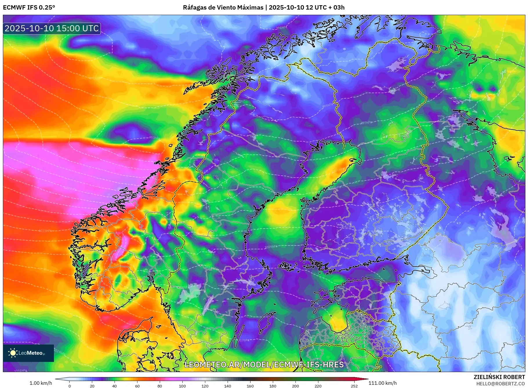 ECMWF IFS 0.25° model - Escandinavia, Ráfagas de Viento Máximas ECMWF IFS 0.25° model - Escandinavia, Ráfagas de Viento Máximas