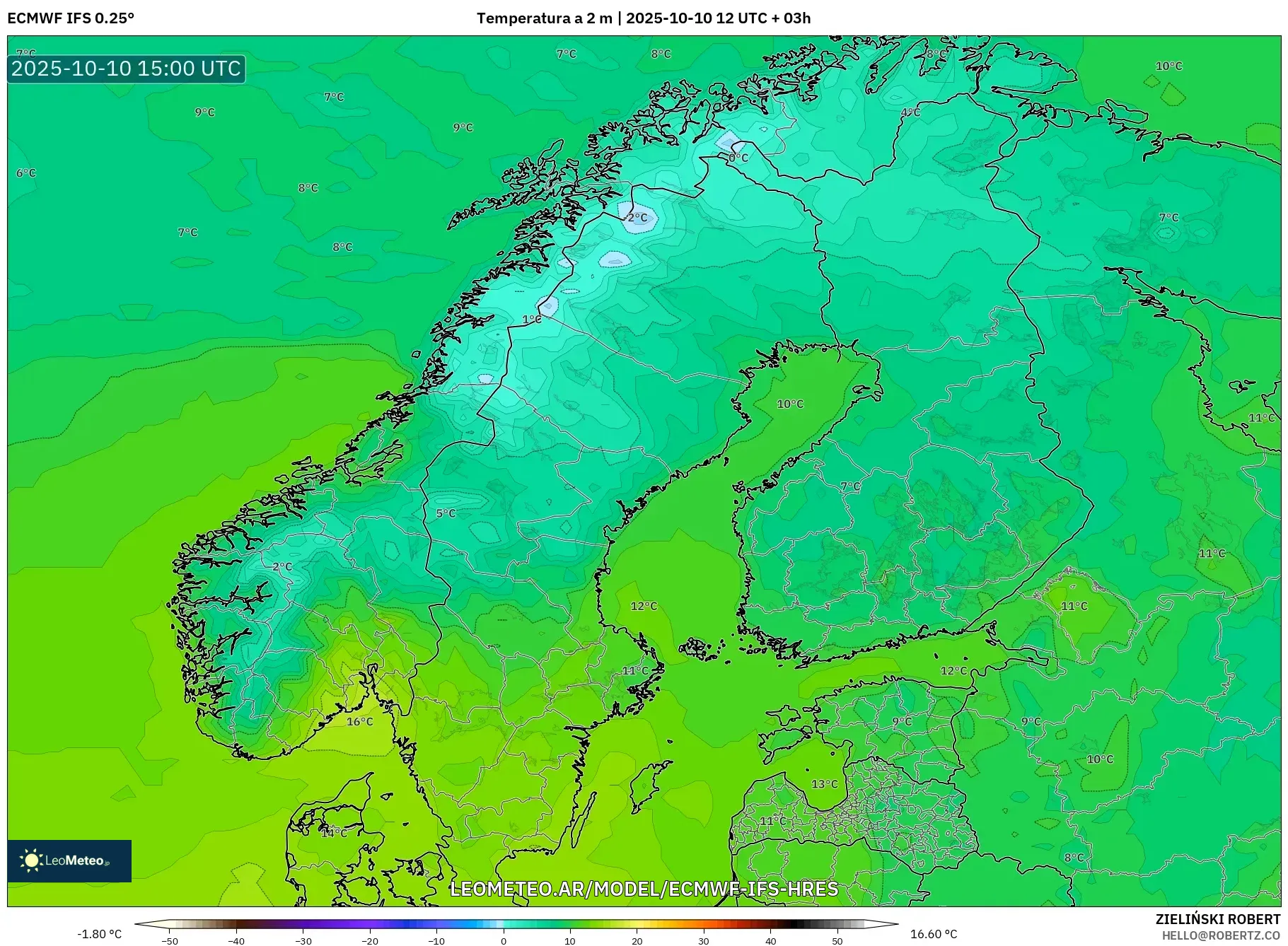 ECMWF IFS 0.25° model - Escandinavia, Temperatura a 2 m ECMWF IFS 0.25° model - Escandinavia, Temperatura a 2 m