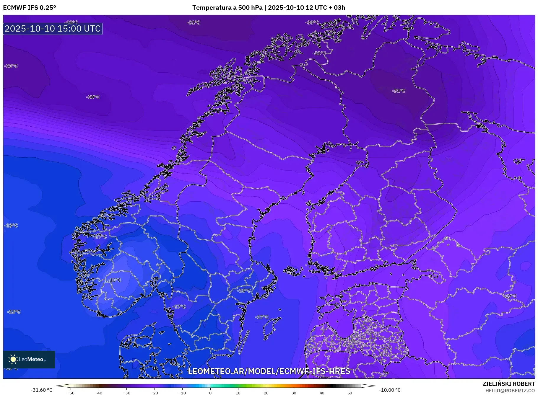 ECMWF IFS 0.25° model - Escandinavia, Temperatura a 500 hPa ECMWF IFS 0.25° model - Escandinavia, Temperatura a 500 hPa